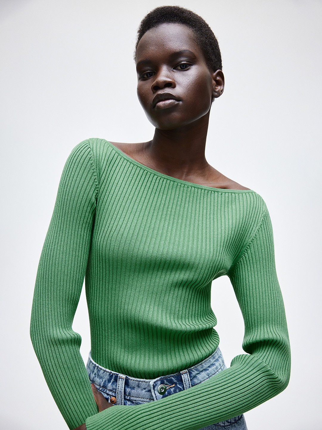 

H&M Women Rib-Knit Boat-Neck Top, Green