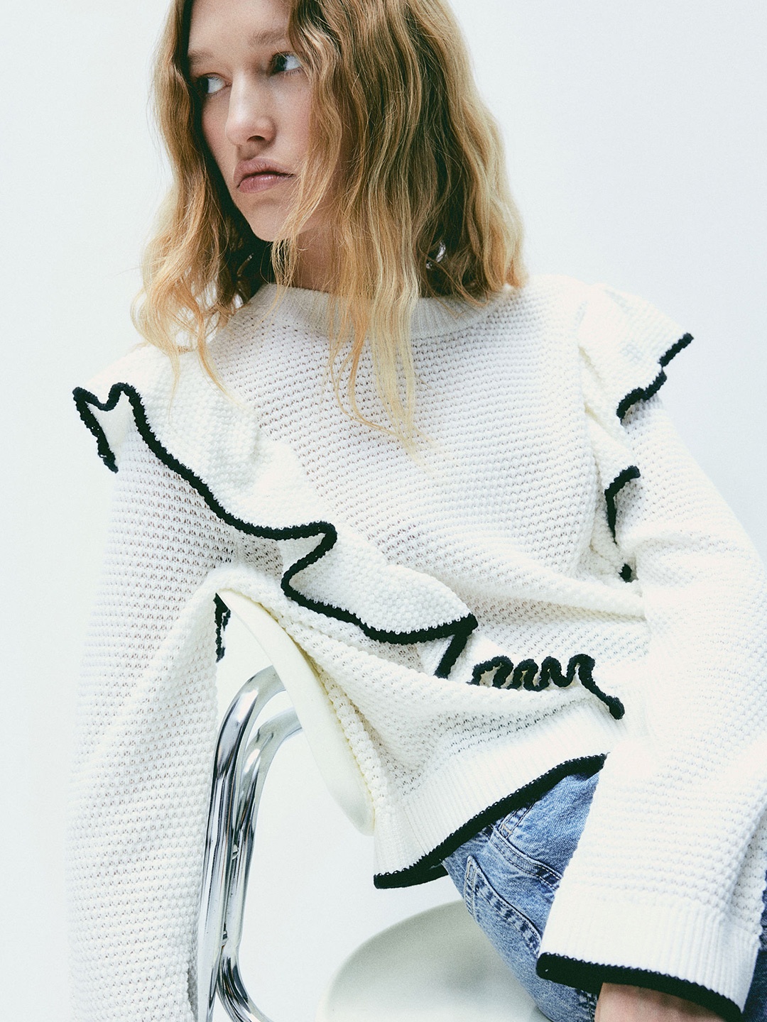 

H&M Frill-Trimmed Textured-Knit Jumper, White