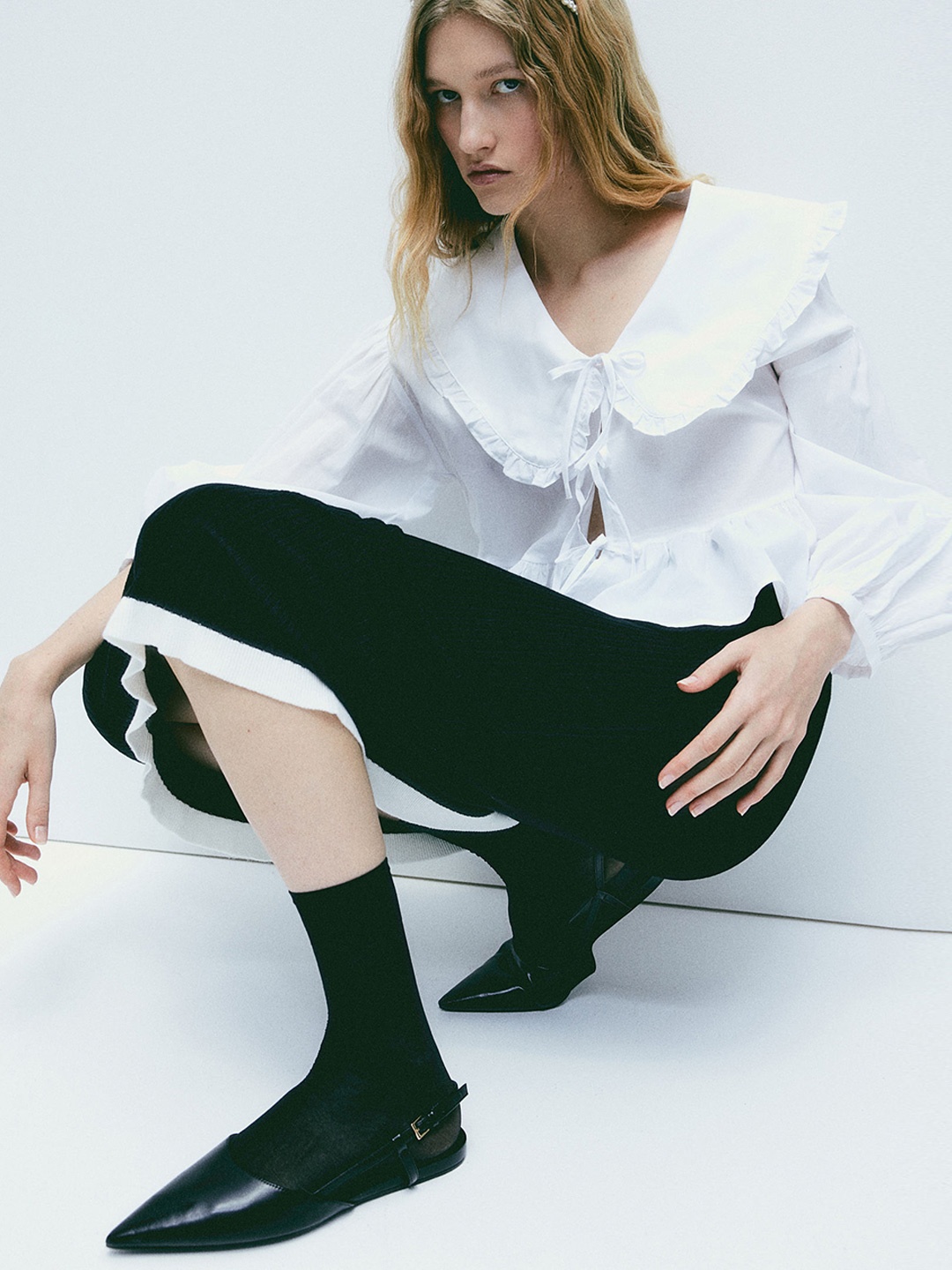 

H&M Pure Cotton Peter Pan-Collared Poplin Blouse, White