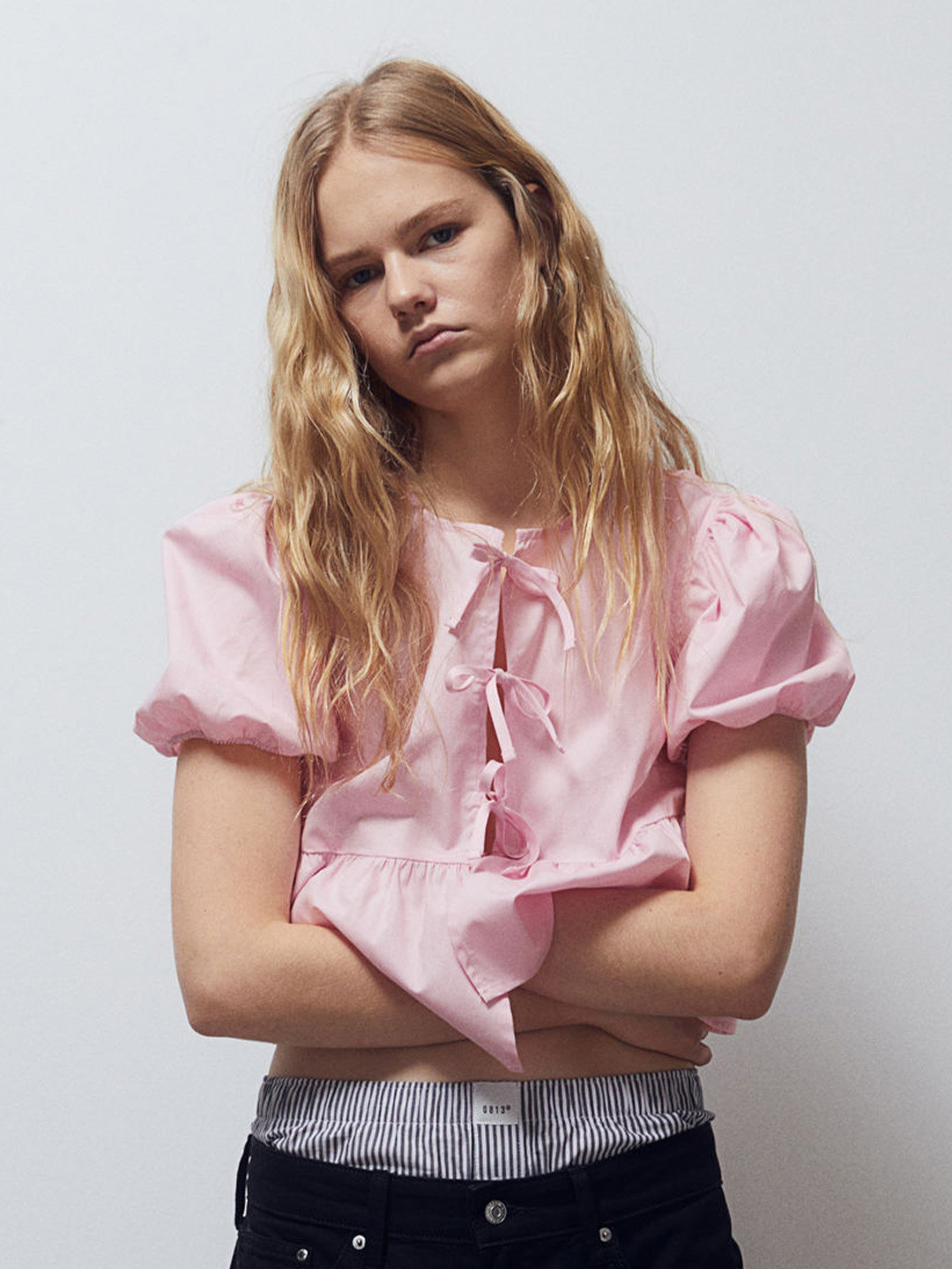 

H&M Pure Cotton Tie-Detail Puff-Sleeved Blouse, Pink