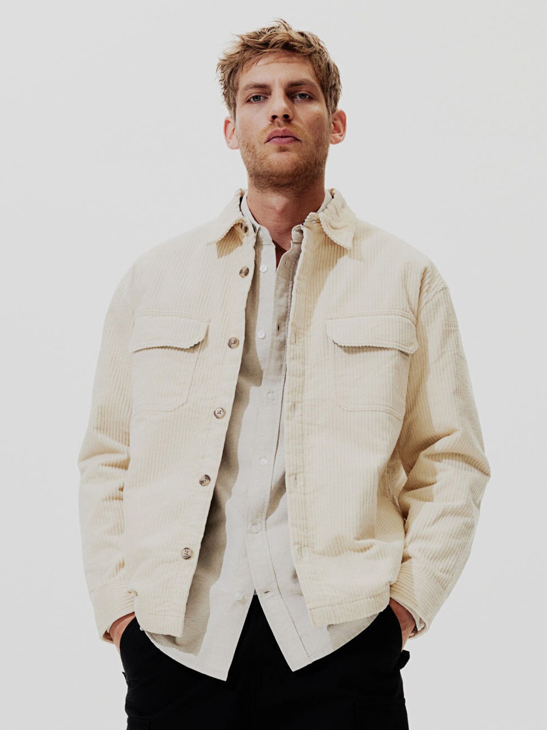 

H&M Pure Cotton Loose Fit Corduroy Shacket, White