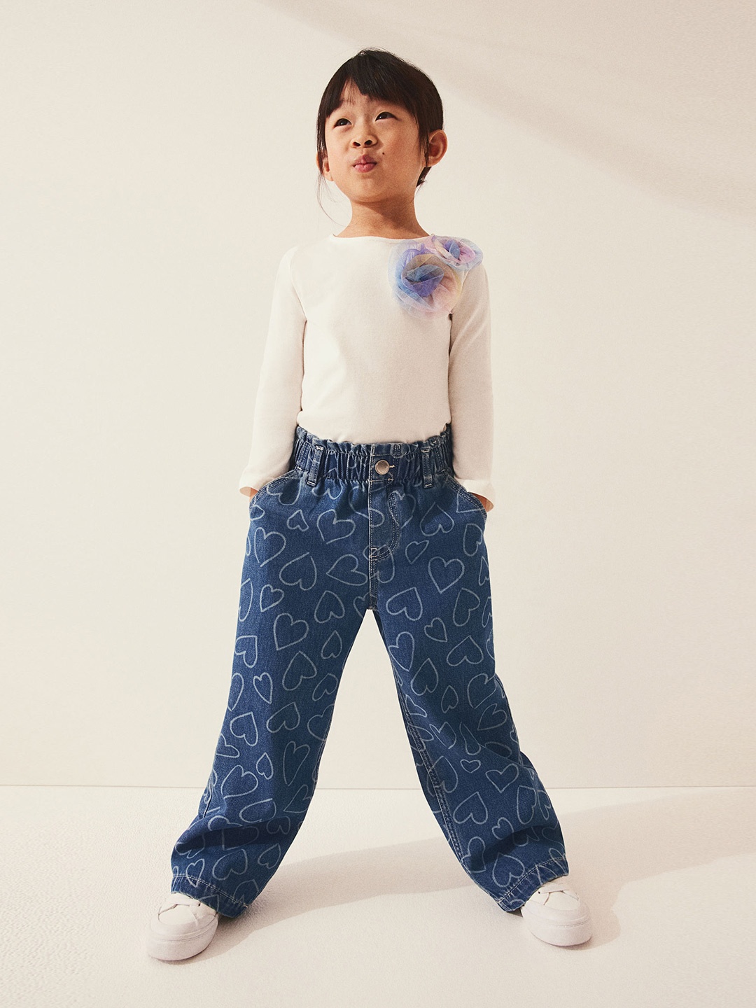 

H&M Girls Pure Cotton Wide Leg Paper Bag Jeans, Blue
