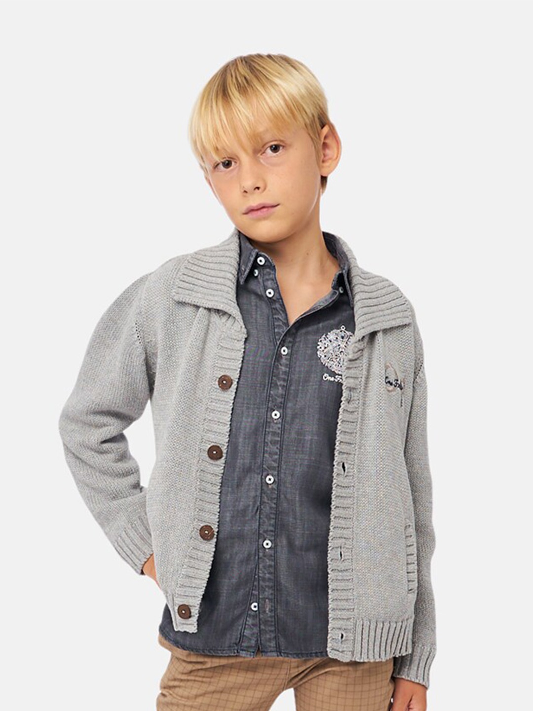 

One Friday Boys Cable Knit Self Design Lapel Collar Ribbed Pure Cotton Front-Open Sweater, Grey