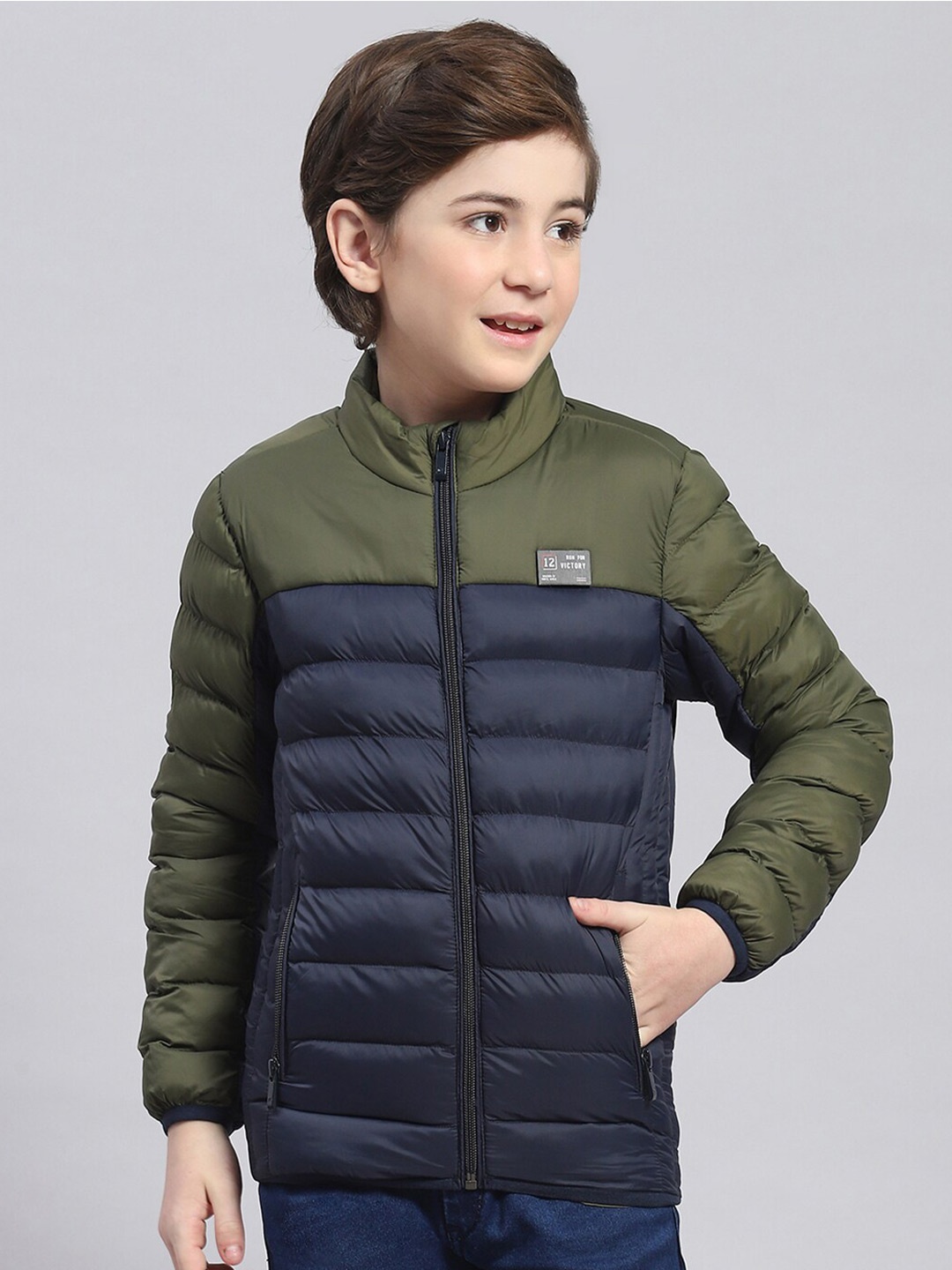 

Monte Carlo Boys Colourblocked Mock Collar Lightweight Padded Jacket, Olive