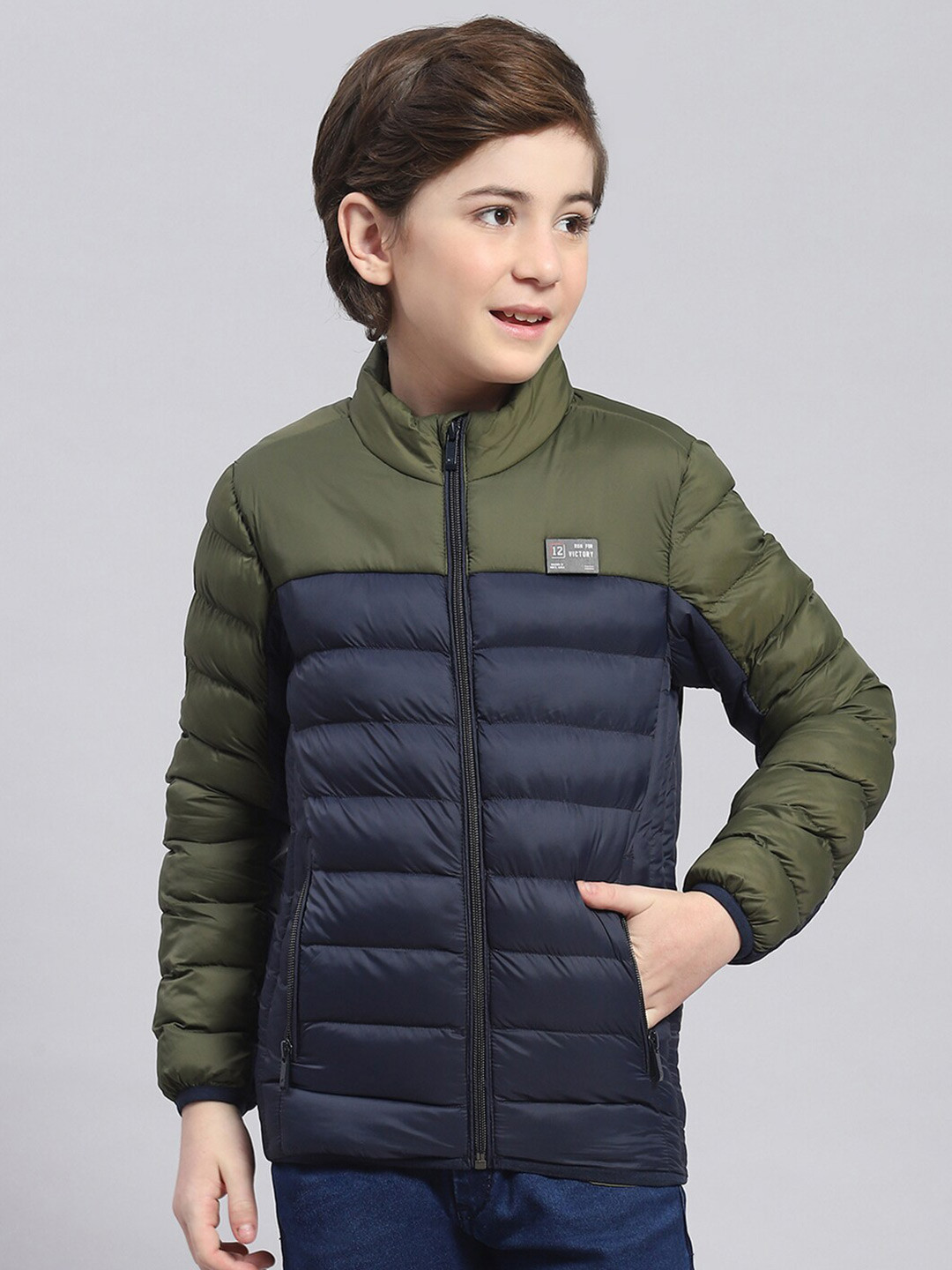 

Monte Carlo Boys Colourblocked Mock Collar Lightweight Padded Jacket, Olive