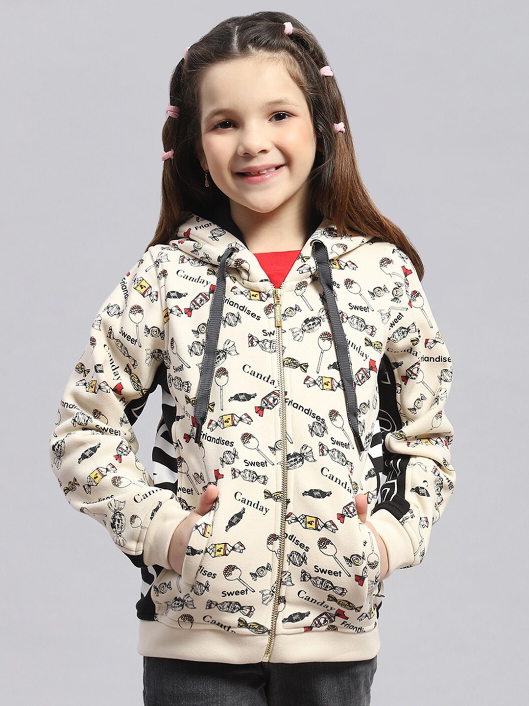 

Monte Carlo Girls Conversational Printed Hooded Front-Open Sweatshirt, Cream
