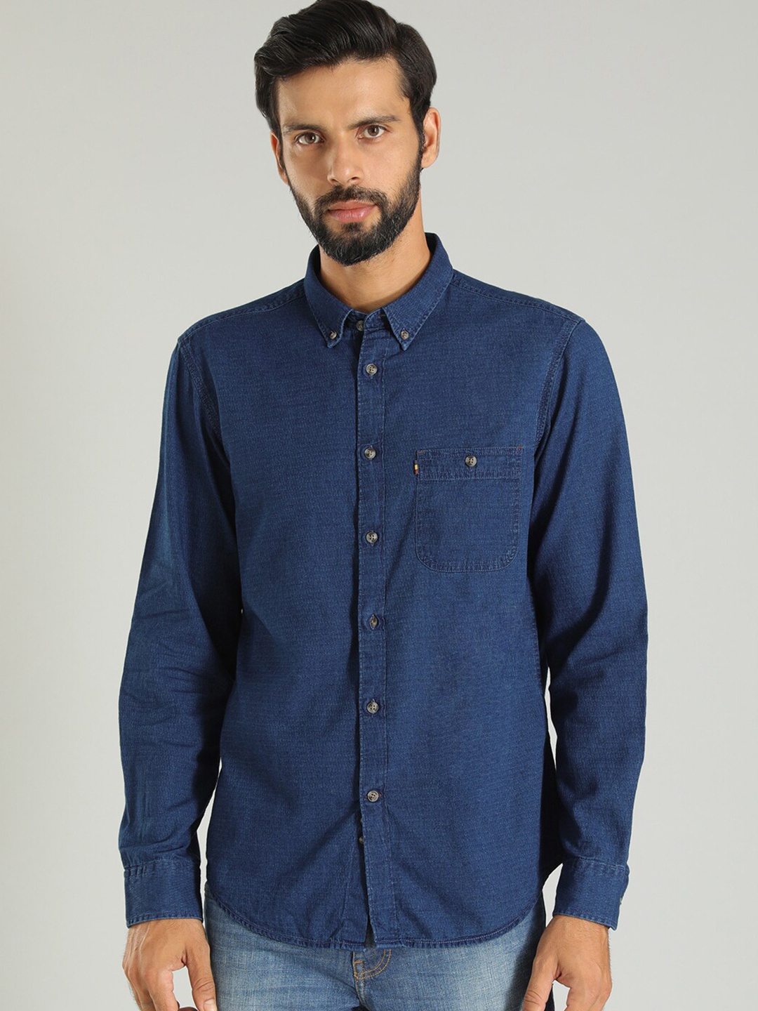 

Indian Terrain Spread Collar Slim Fit Cotton Casual Shirt, Navy blue