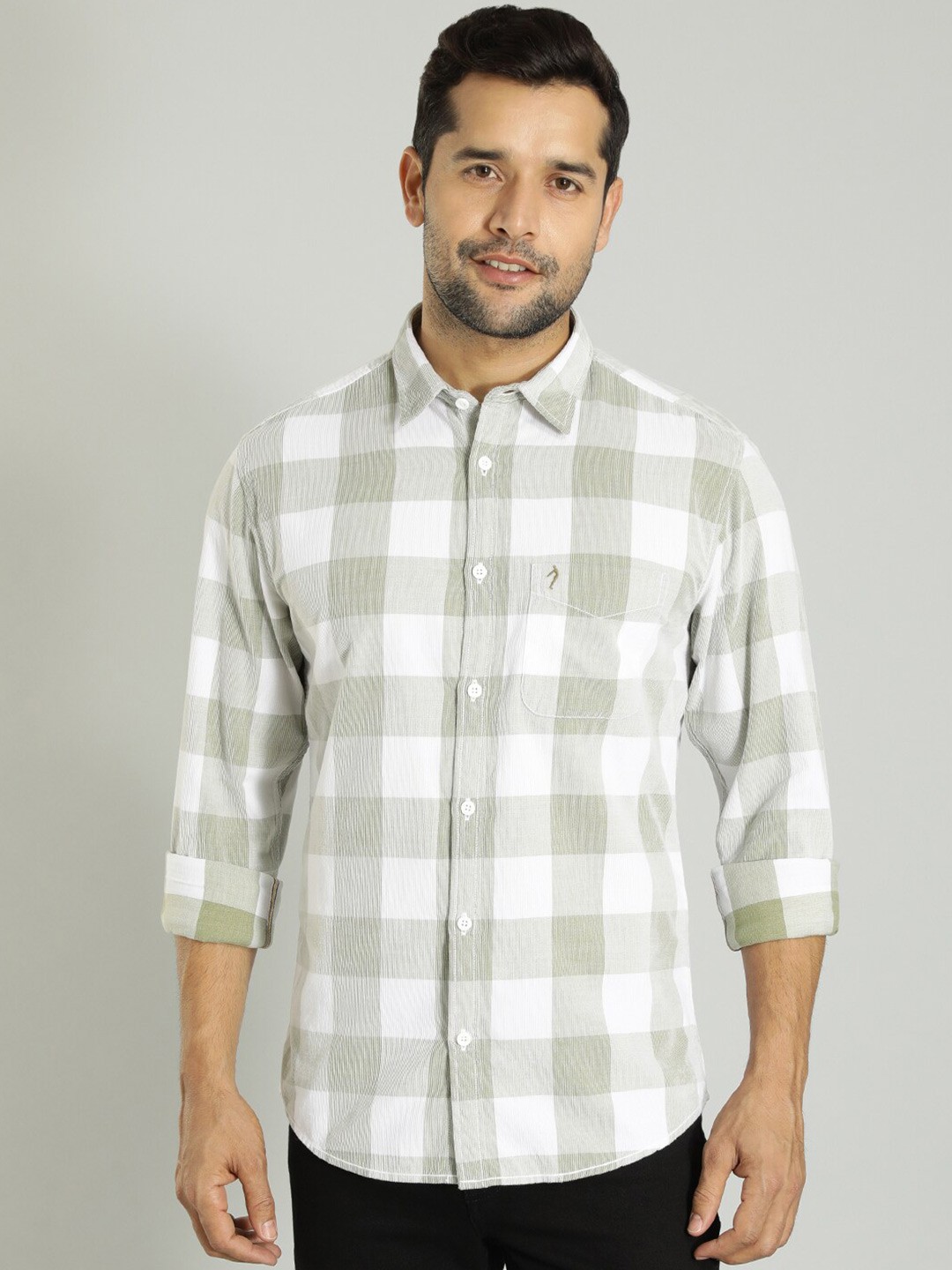 

Indian Terrain Spread Collar Long Sleeves Checked Slim Fit Casual Shirt, Green