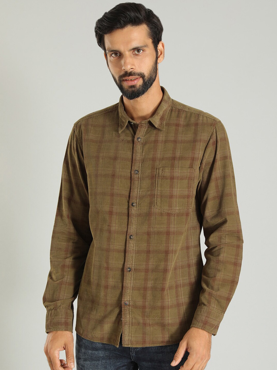 

Indian Terrain Spread Collar Long Sleeves Checked Slim Fit Casual Shirt, Green