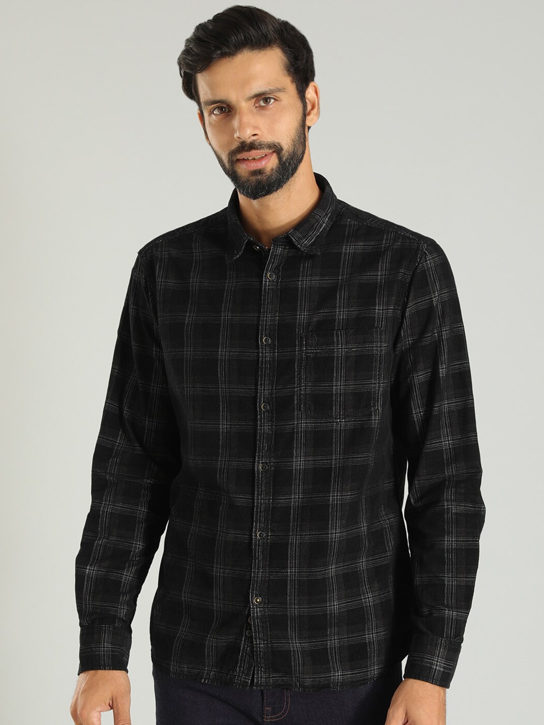 

Indian Terrain Spread Collar Long Sleeves Checked Slim Fit Casual Shirt, Black