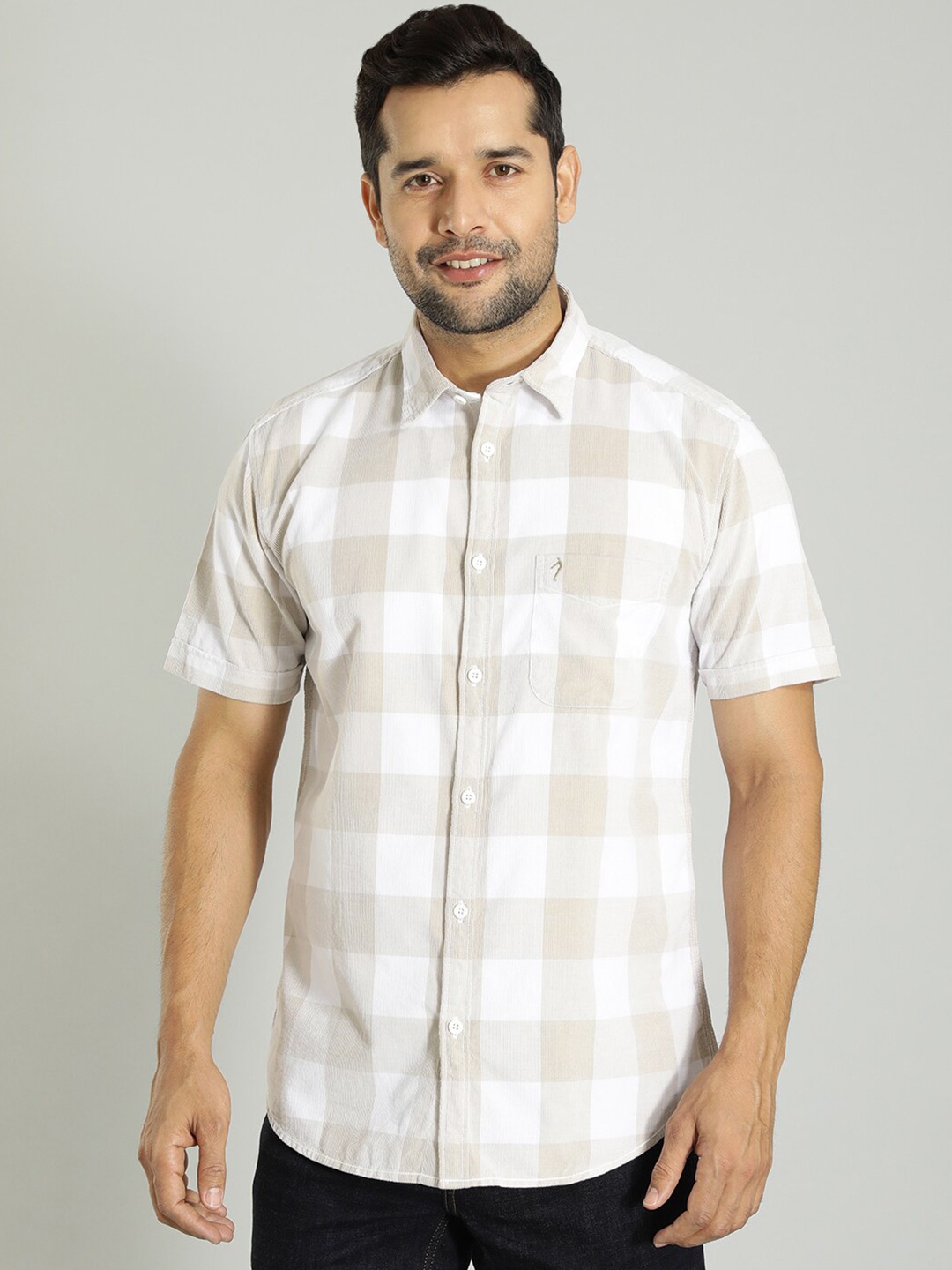 

Indian Terrain Spread Collar Checked Tailored Fit Cotton Casual Shirt, Khaki