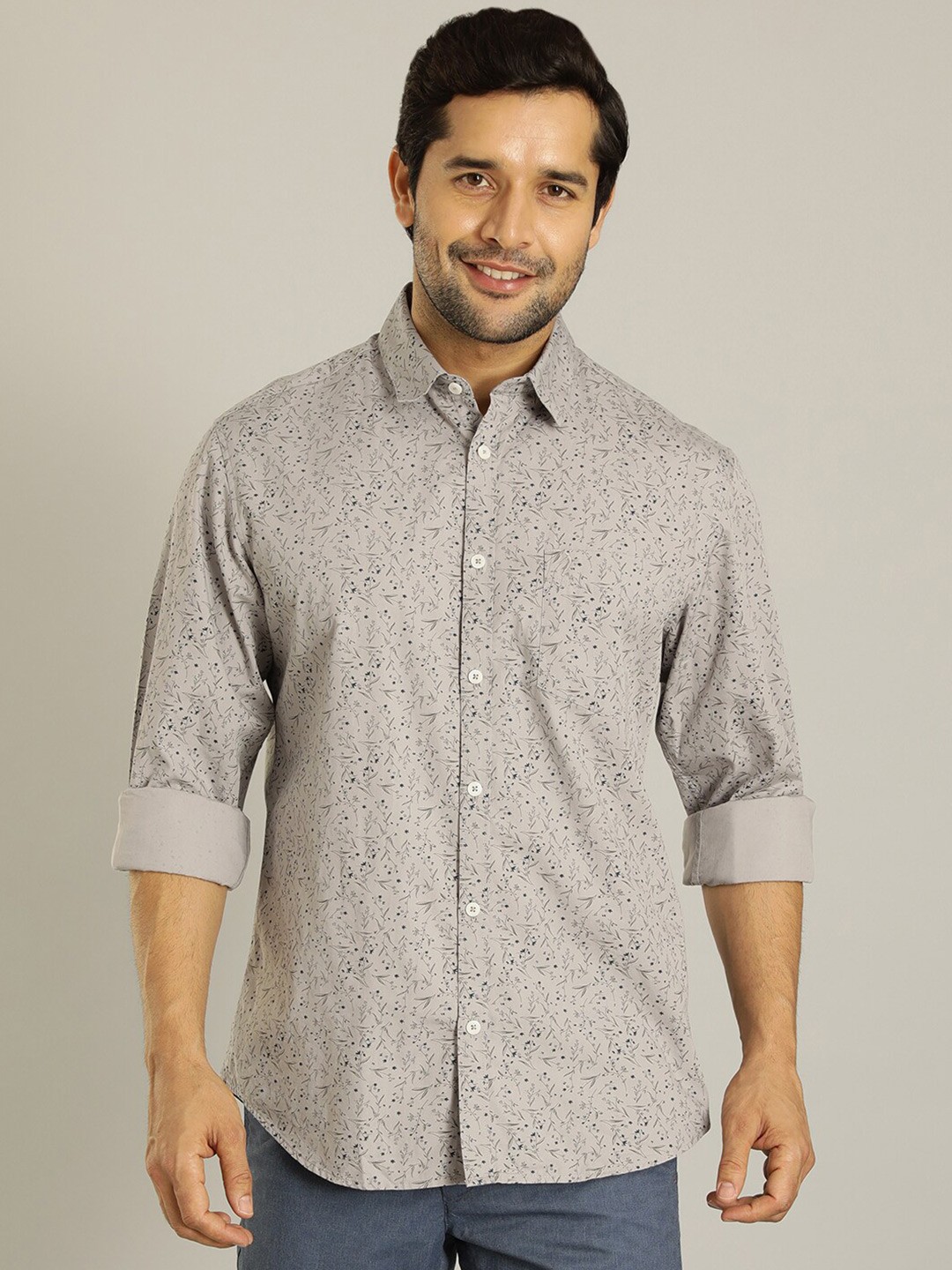 

Indian Terrain Floral Printed Spread Collar Slim Fit Cotton Casual Shirt, Grey