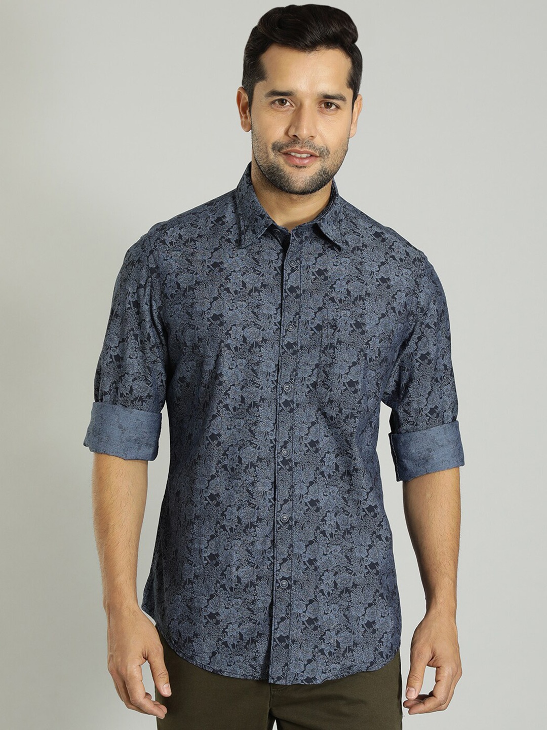 

Indian Terrain Floral Printed Spread Collar Slim Fit Cotton Casual Shirt, Navy blue