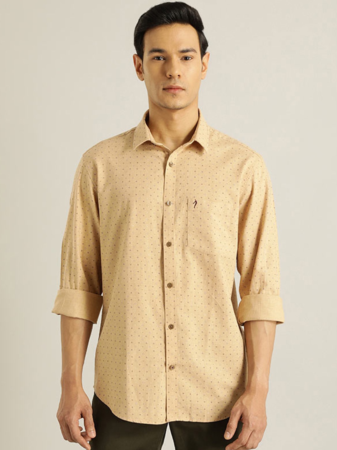 

Indian Terrain Printed Spread Collar Slim Fit Cotton Casual Shirt, Khaki
