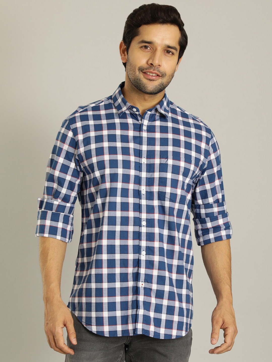 

Indian Terrain Checked Spread Collar Slim Fit Cotton Casual Shirt, Blue