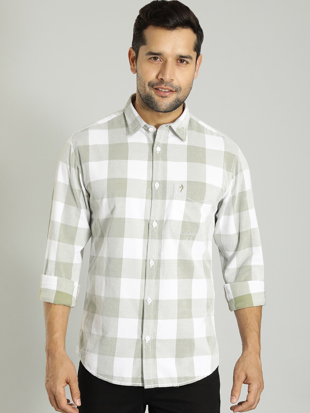 

Indian Terrain Checked Spread Collar Tailored Fit Cotton Casual Shirt, Green