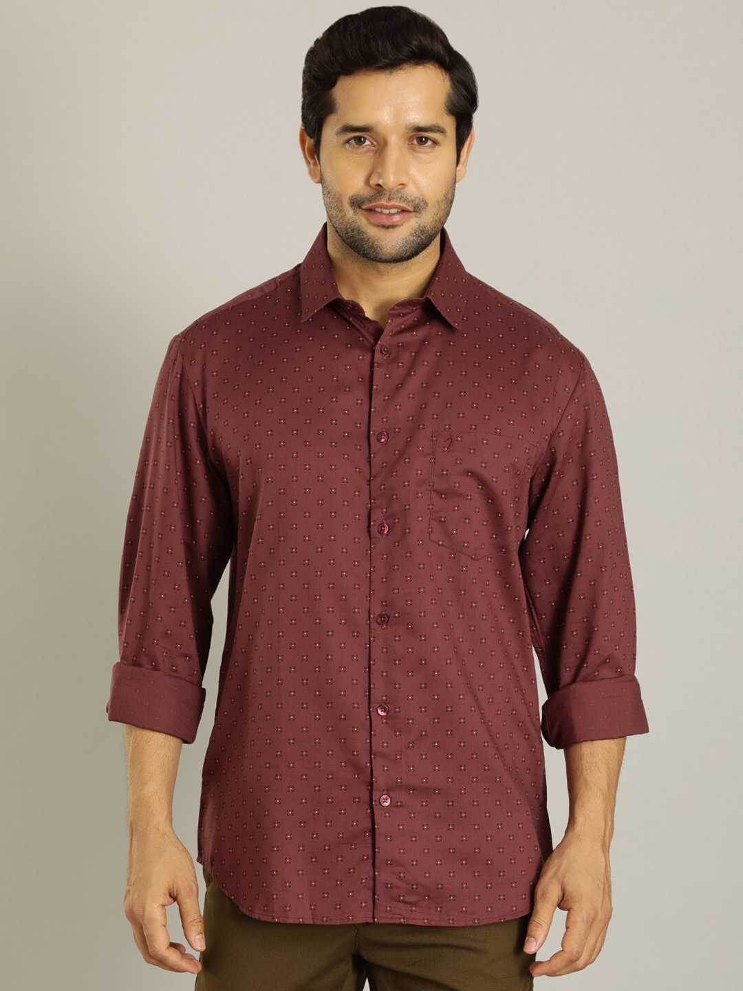 

Indian Terrain Printed Spread Collar Slim Fit Cotton Casual Shirt, Maroon