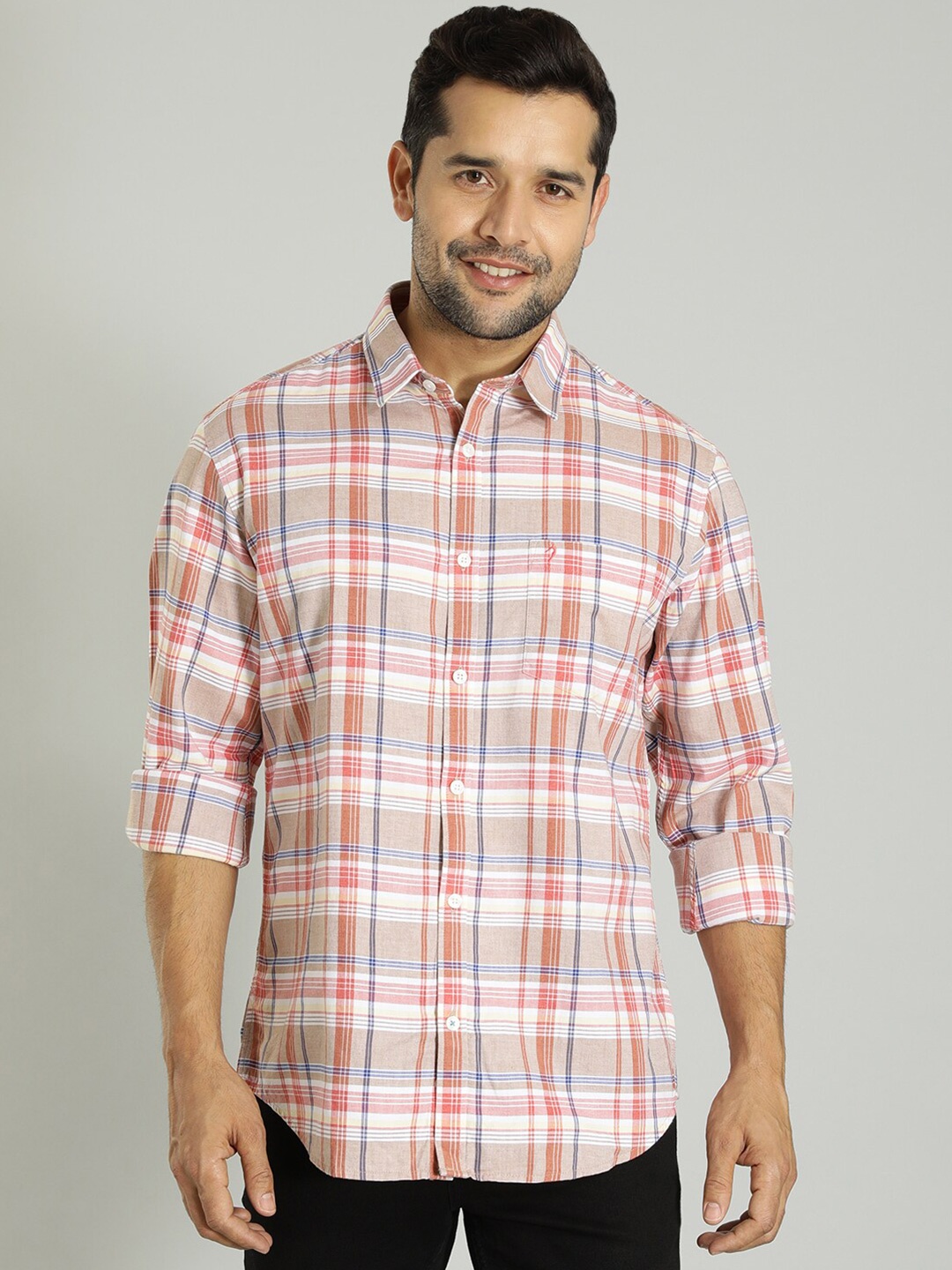 

Indian Terrain Tartan Checks Spread Collar Slim Fit Cotton Casual Shirt, Red