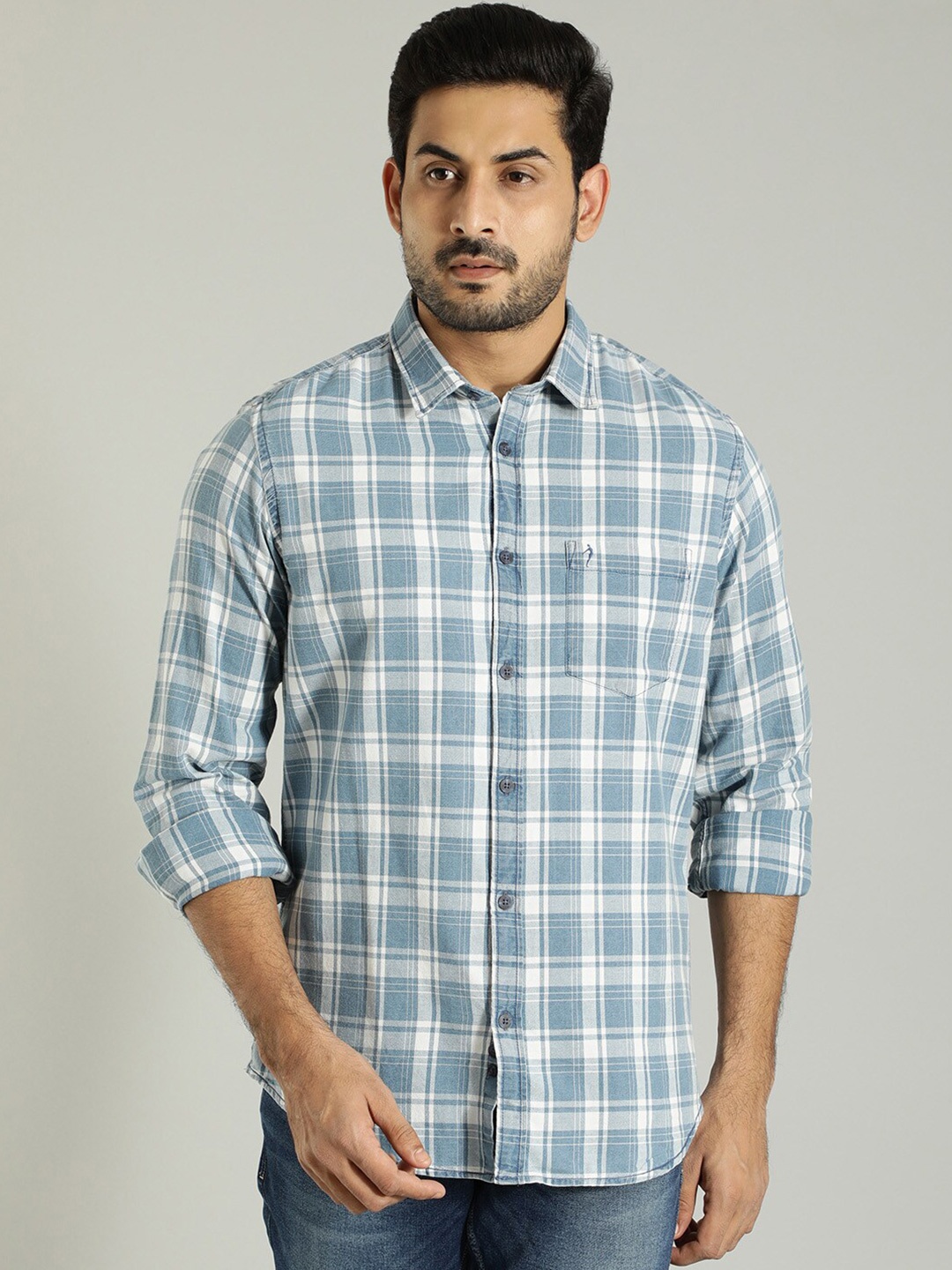 

Indian Terrain Tartan Checks Spread Collar Slim Fit Cotton Casual Shirt, Grey