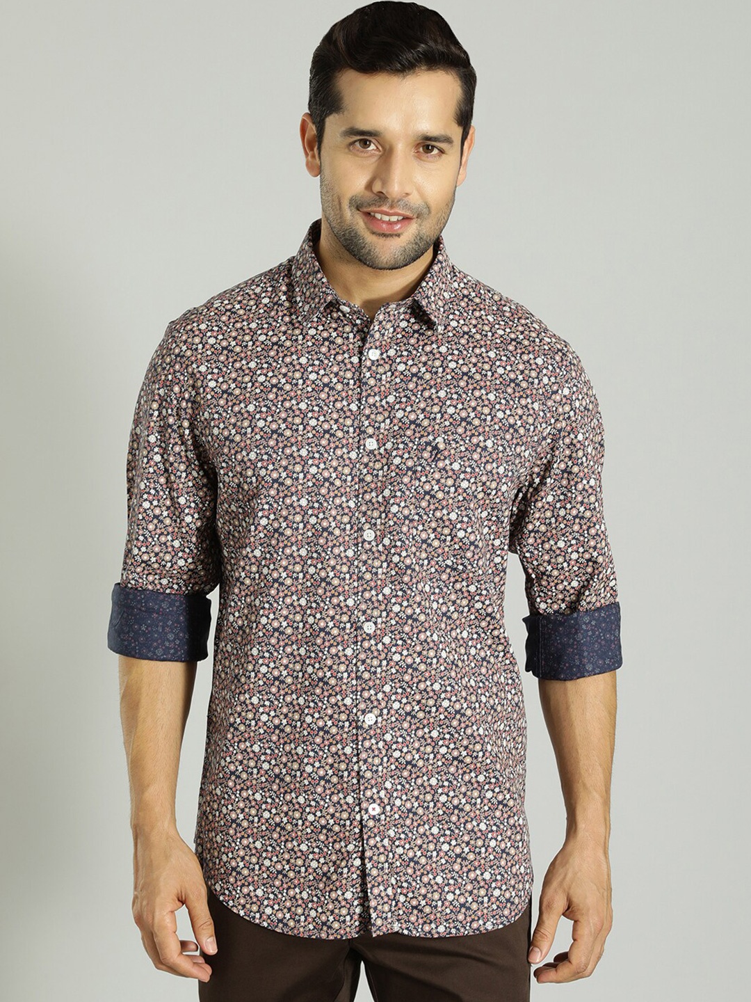 

Indian Terrain Floral Printed Spread Collar Slim Fit Cotton Casual Shirt, Navy blue