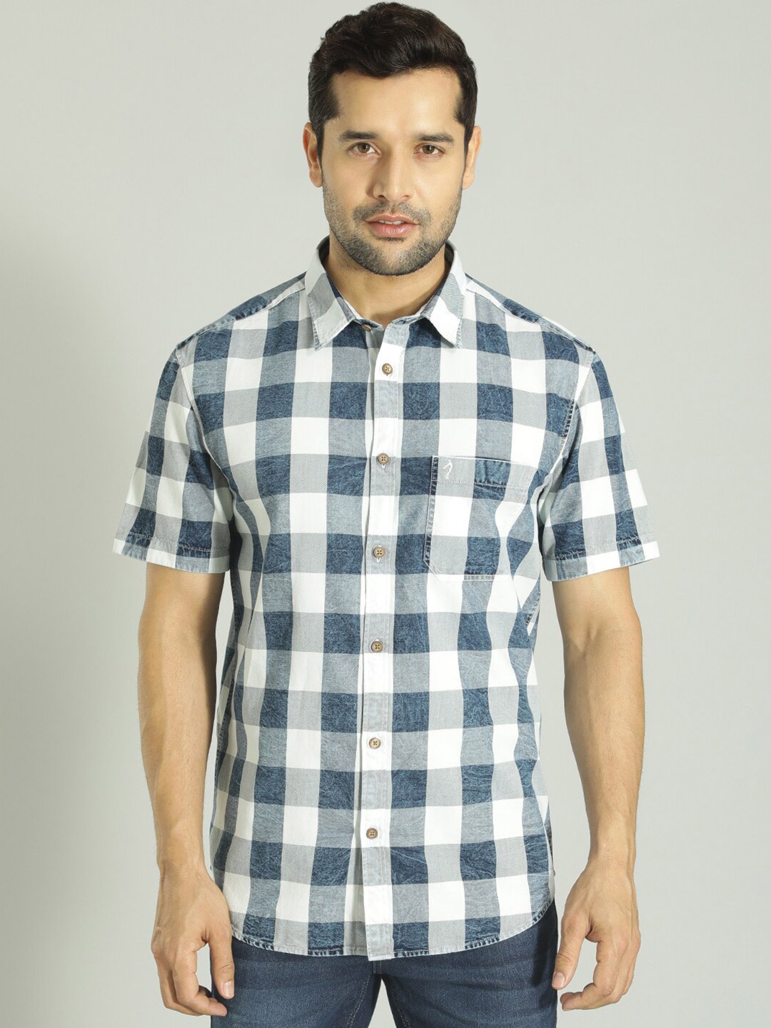 

Indian Terrain Checked Slim Fit Cotton Casual Shirt, Blue
