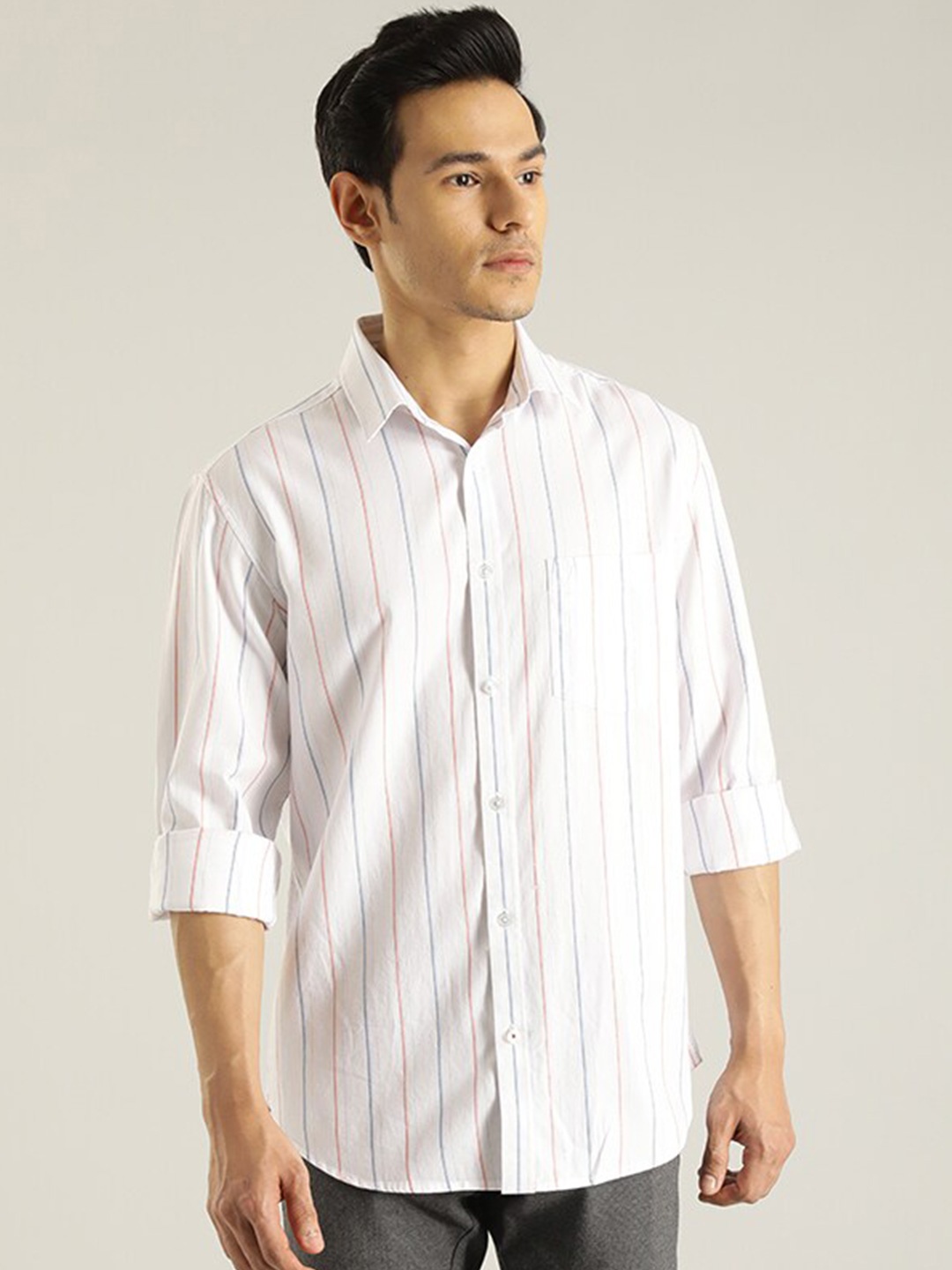 

Indian Terrain Striped Printed Slim Fit Pure Cotton Casual Shirt, Peach