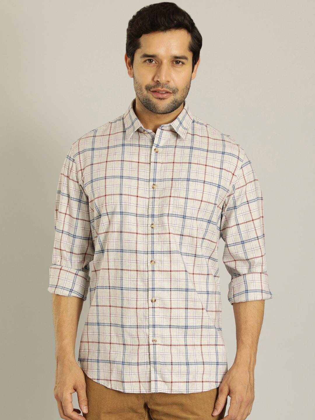 

Indian Terrain Checked Printed Slim Fit Pure Cotton Casual Shirt, Beige