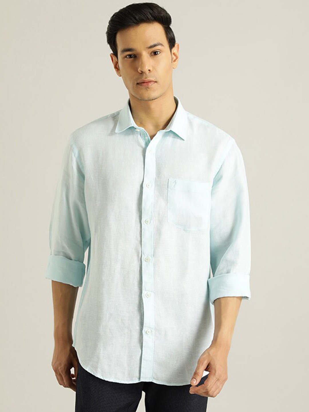 

Indian Terrain Spread Collar Pure Linen Casual Shirt, Blue
