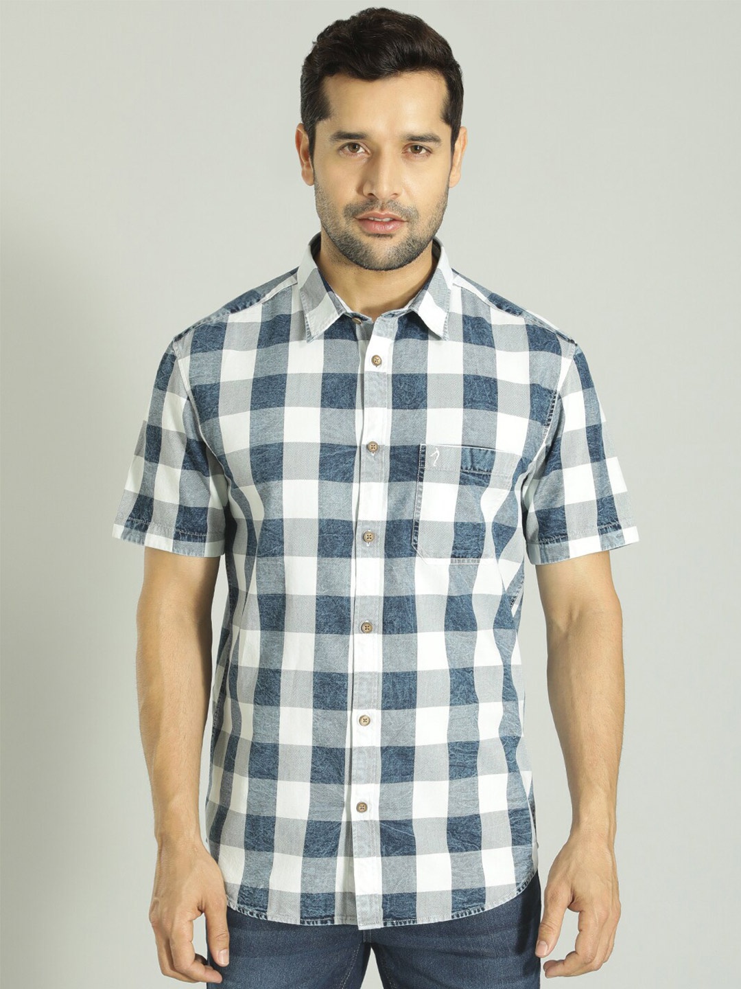 

Indian Terrain Checked Printed Slim Fit Pure Cotton Casual Shirt, Blue