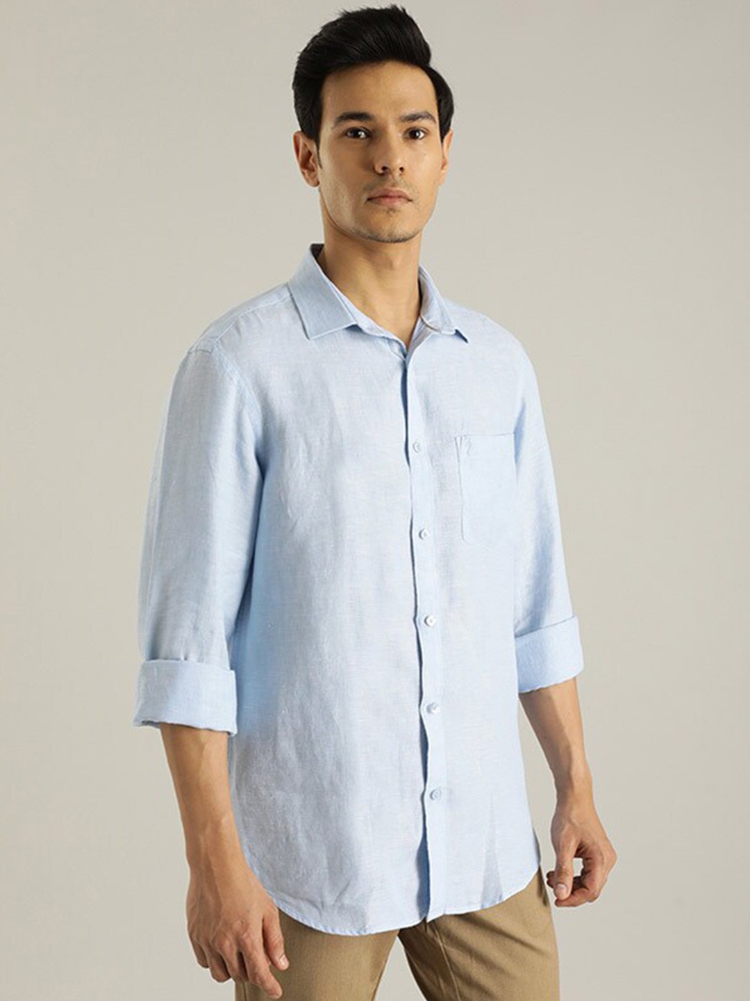 

Indian Terrain Spread Collar Pure Linen Casual Shirt, Blue