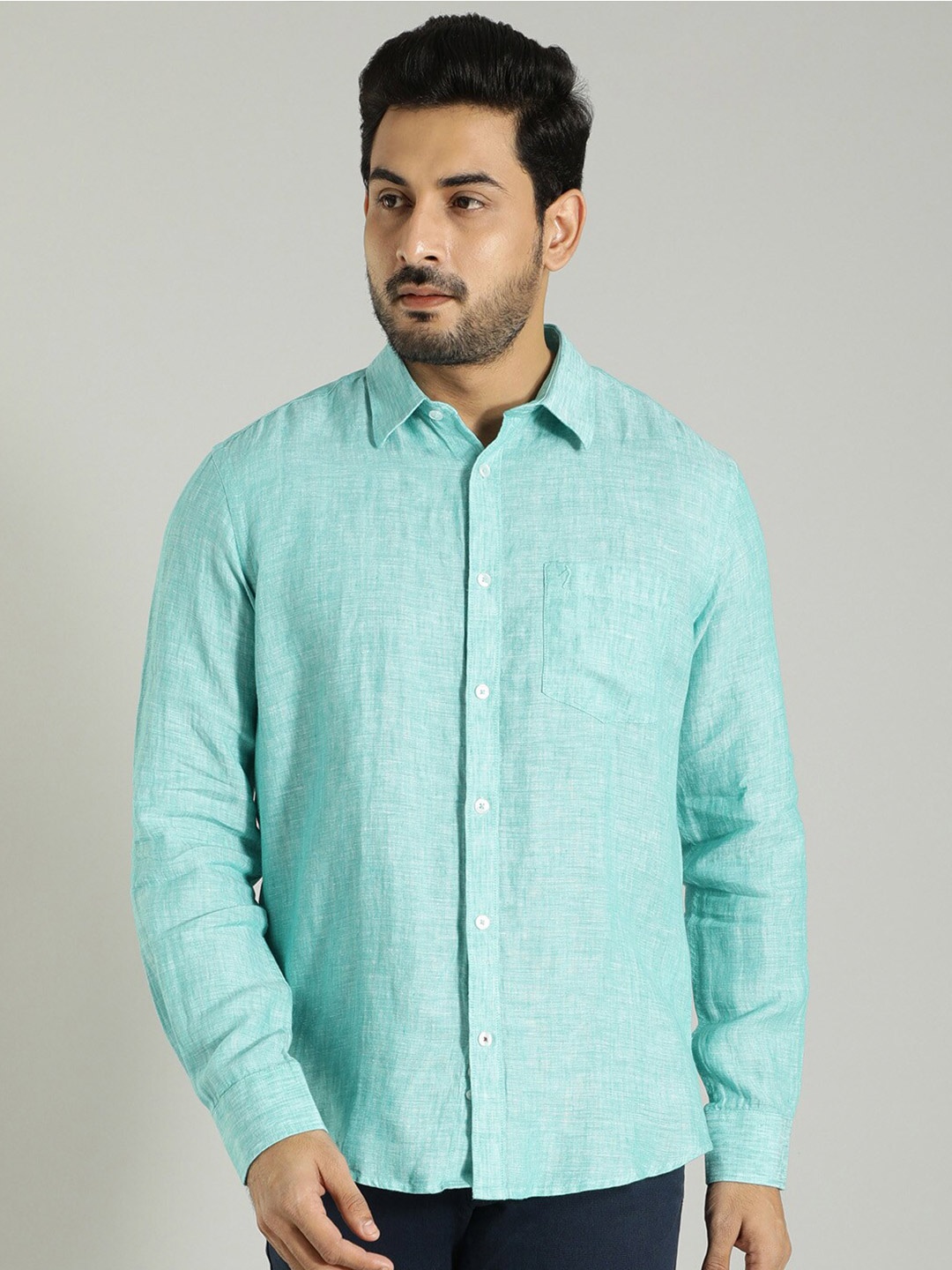 

Indian Terrain Spread Collar Pure Linen Casual Shirt, Green