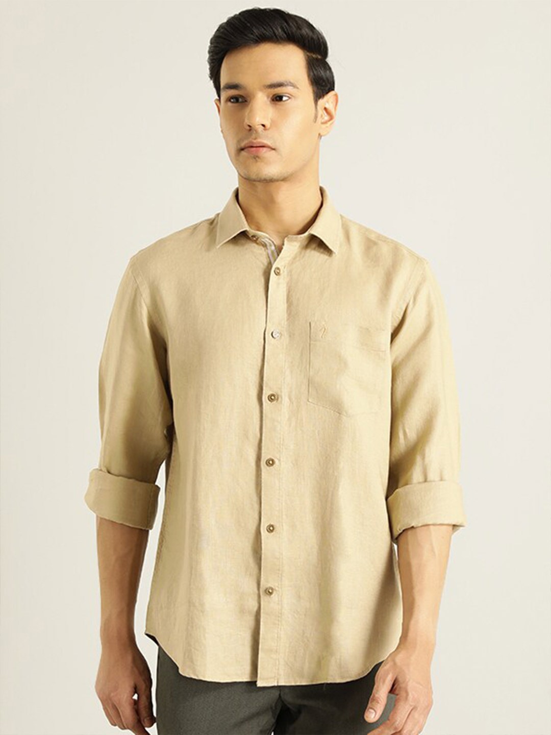 

Indian Terrain Spread Collar Pure Linen Casual Shirt, Khaki