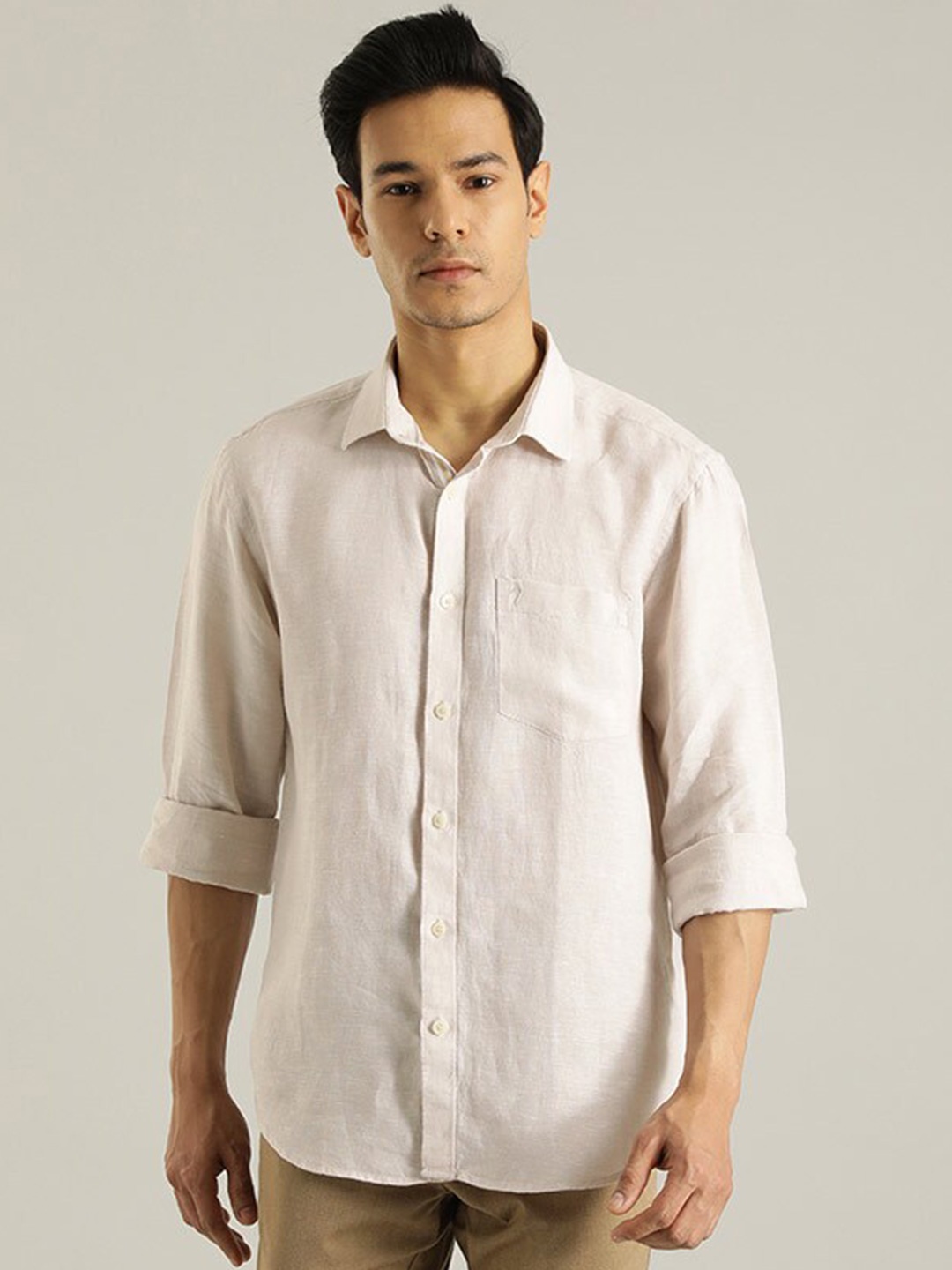 

Indian Terrain Spread Collar Pure Linen Casual Shirt, Beige