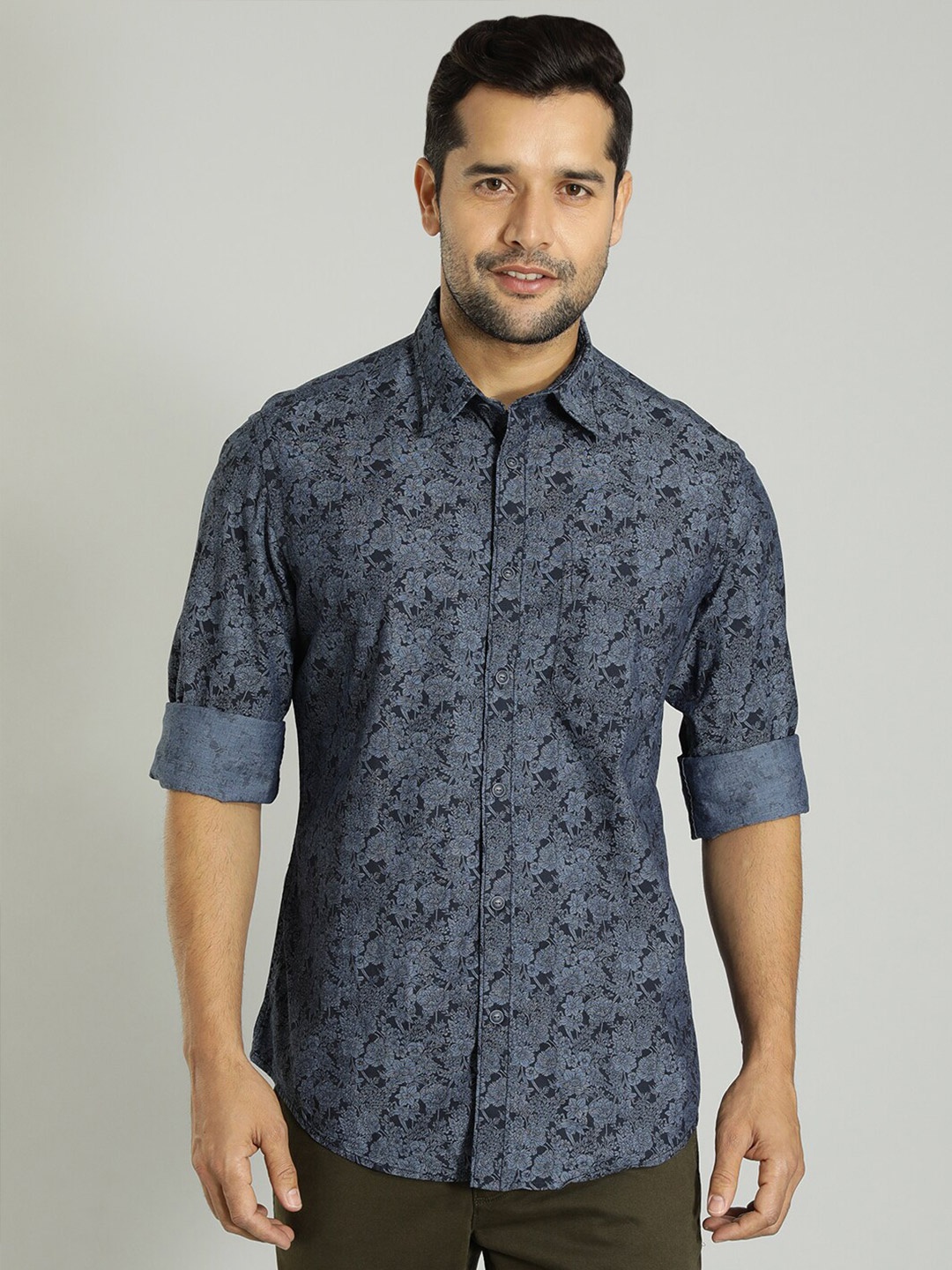 

Indian Terrain Floral Printed Cotton Spread Collar Slim Fit Casual Shirt, Navy blue