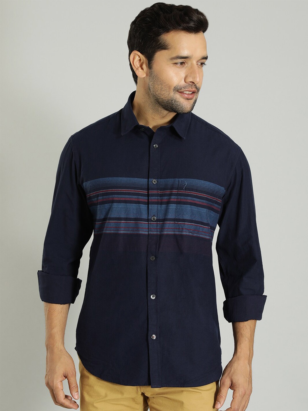 

Indian Terrain Cotton Spread Collar Slim Fit Casual Shirt, Navy blue