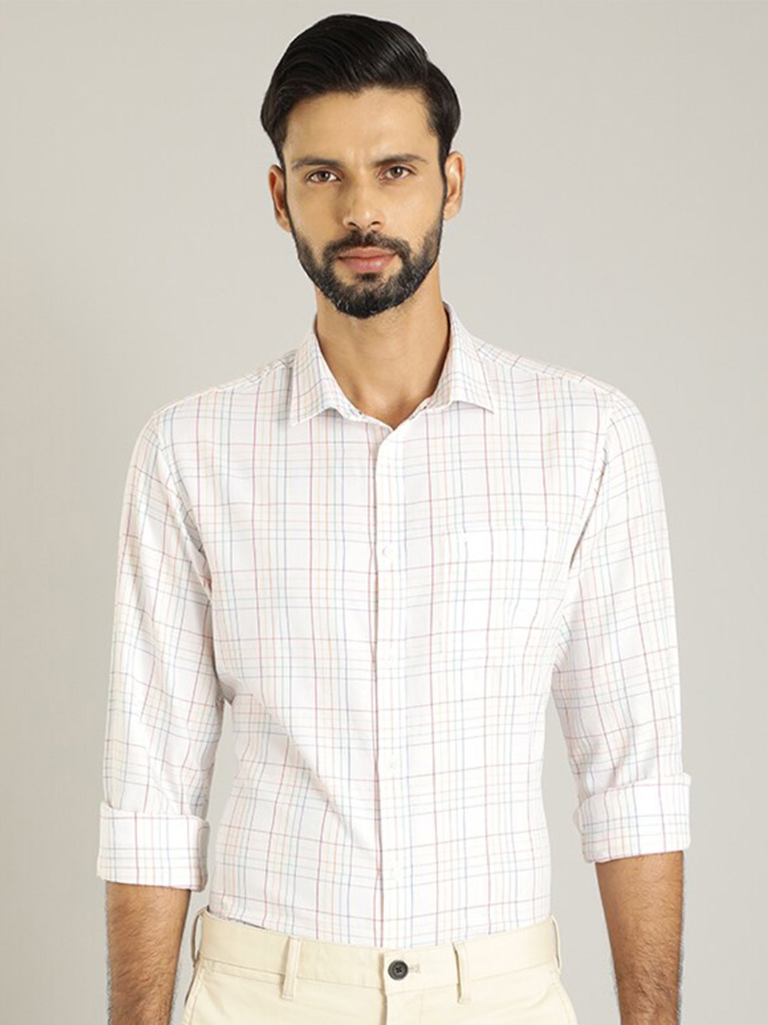 

Indian Terrain Checked Cotton Spread Collar Slim Fit Casual Shirt, White
