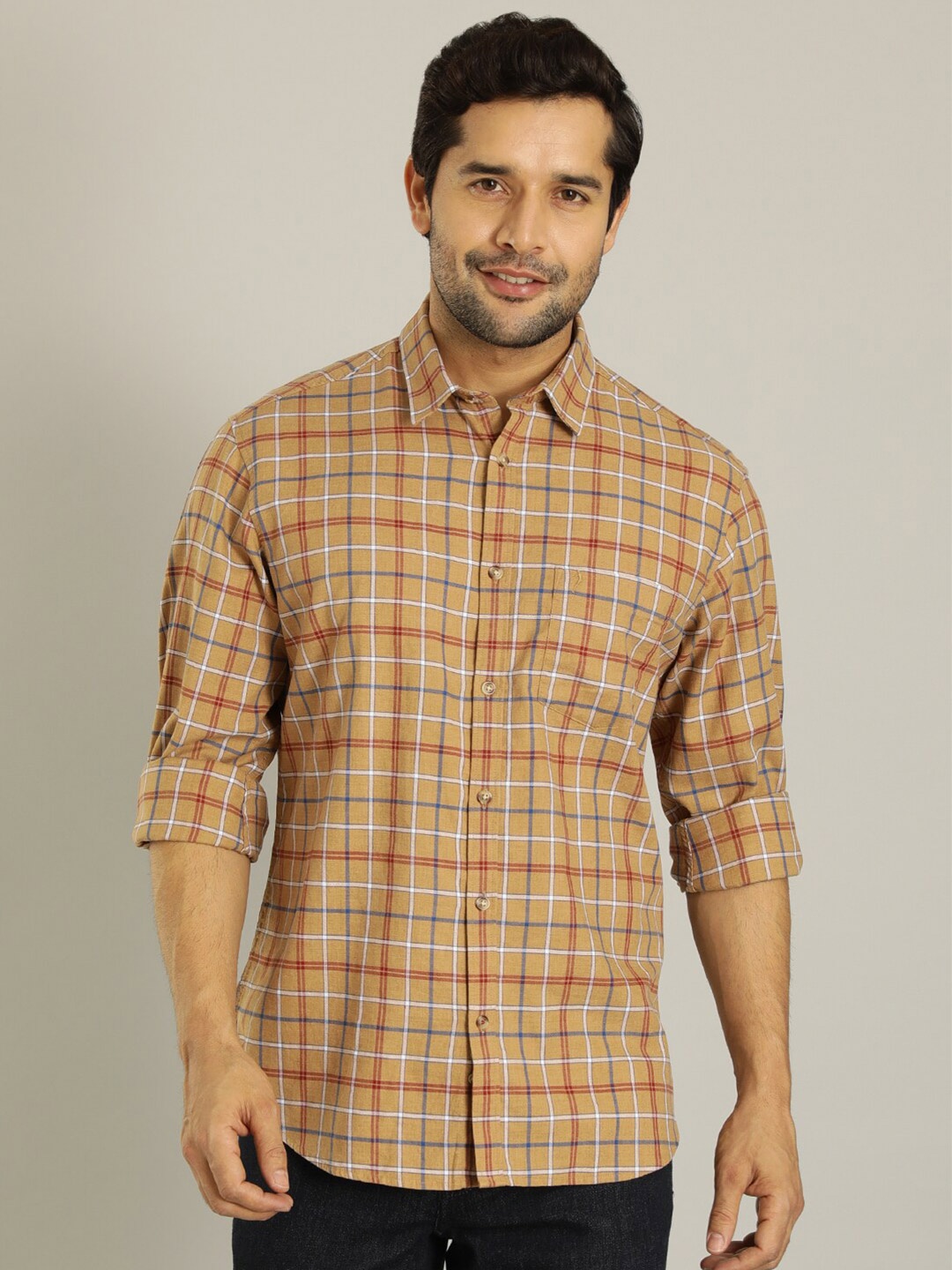 

Indian Terrain Checked Cotton Spread Collar Slim Fit Casual Shirt, Khaki