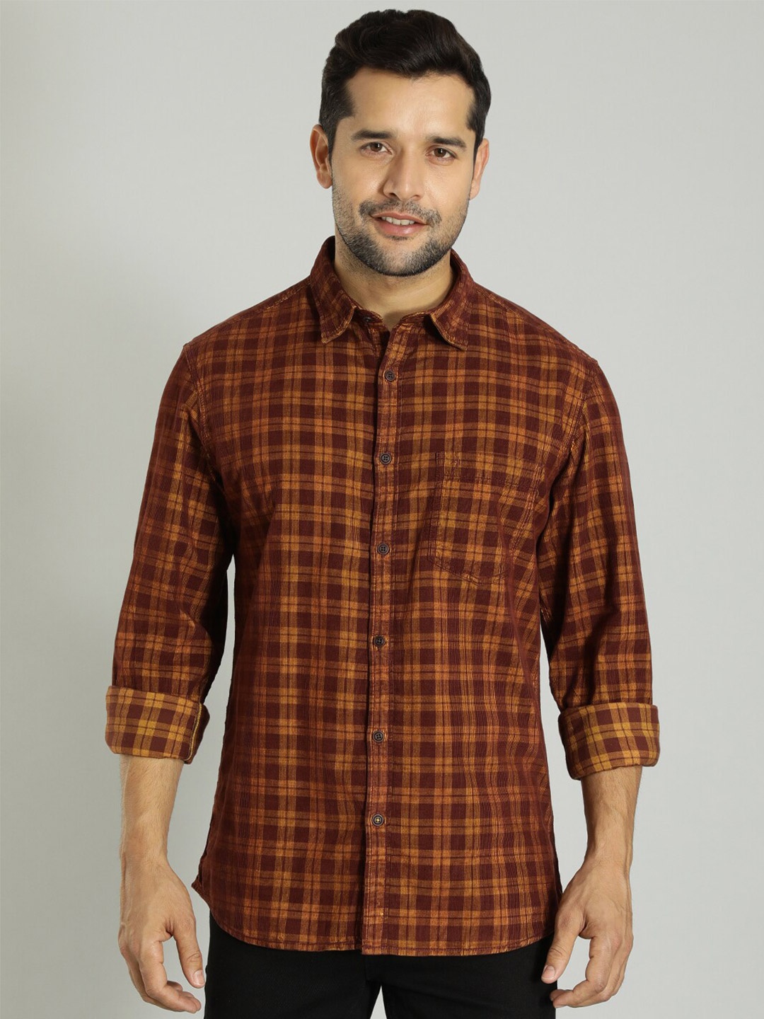 

Indian Terrain Checked Cotton Spread Collar Slim Fit Casual Shirt, Brown