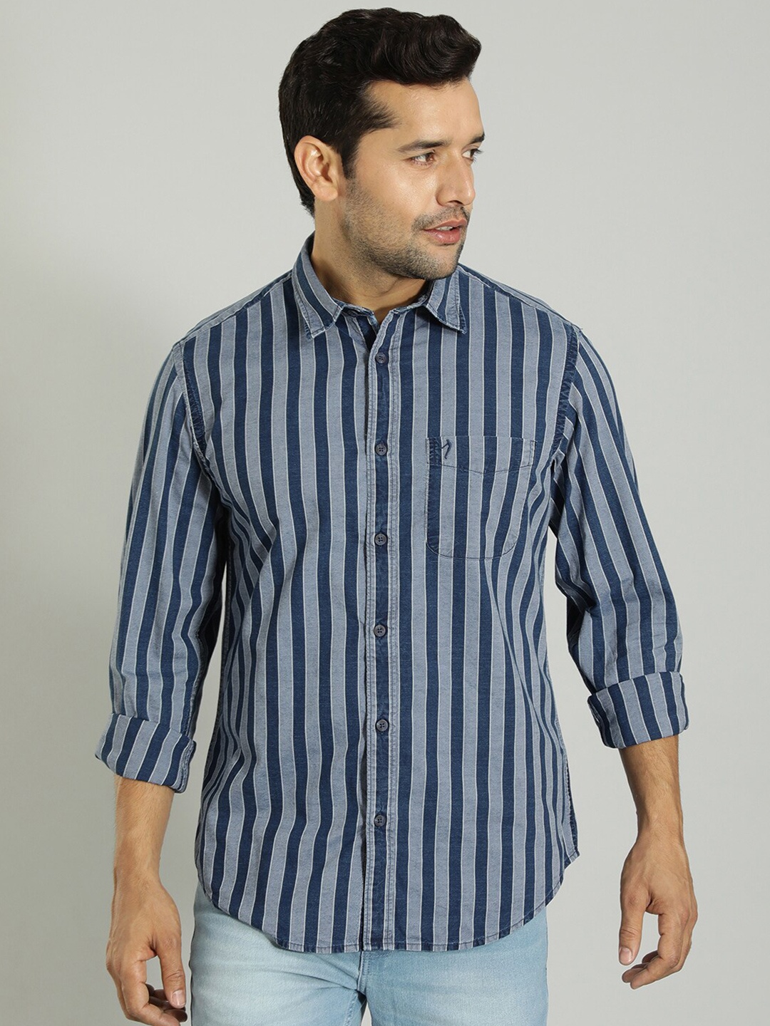 

Indian Terrain Spread Collar Cotton Slim Fit Casual Shirt, Navy blue