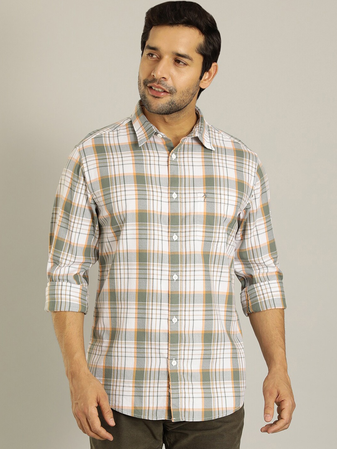 

Indian Terrain Slim Fit Checked Opaque Cotton Casual Shirt, Green