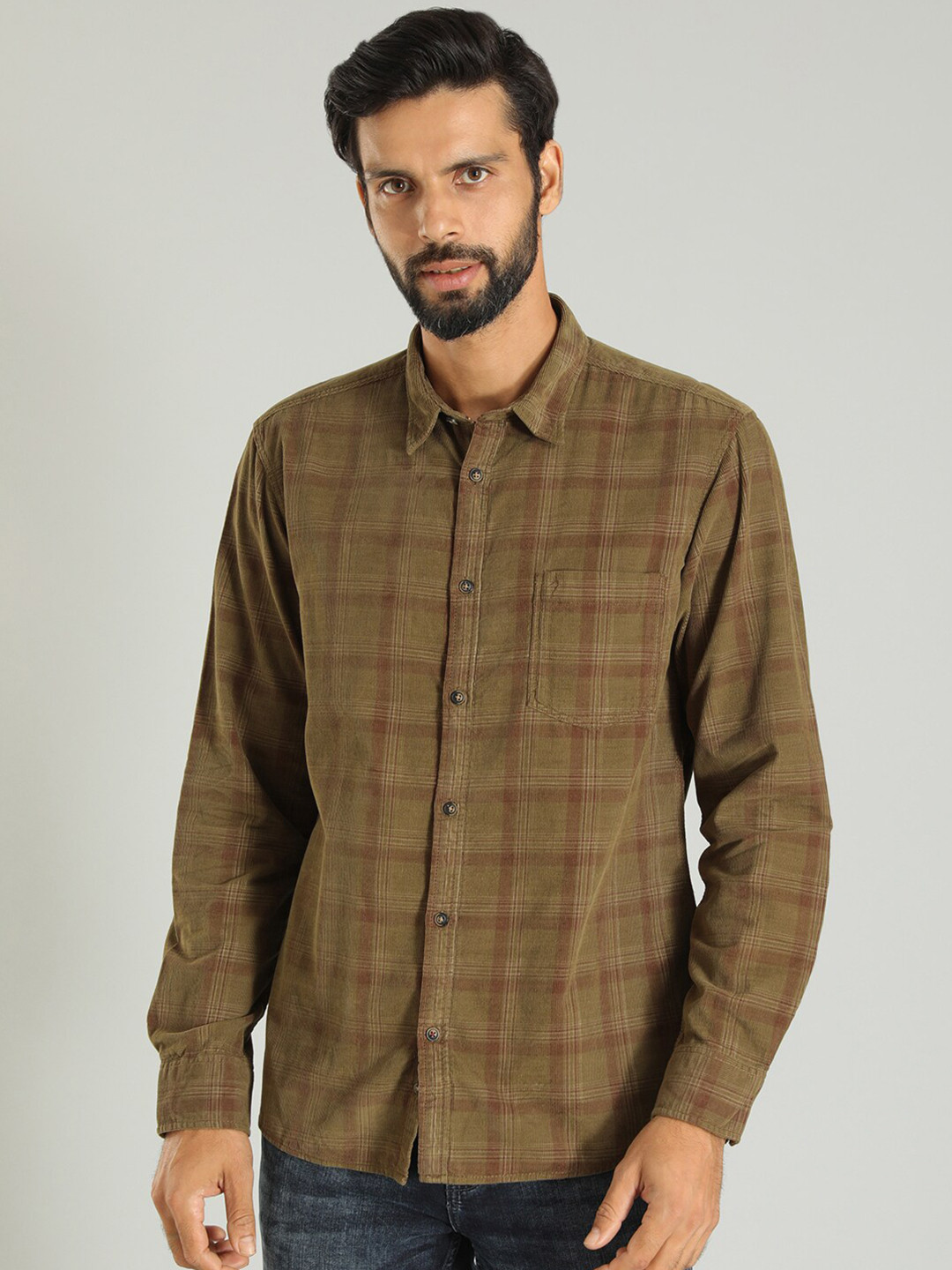 

Indian Terrain Slim Fit Checked Spread Collar Long Sleeves Casual Shirt, Green