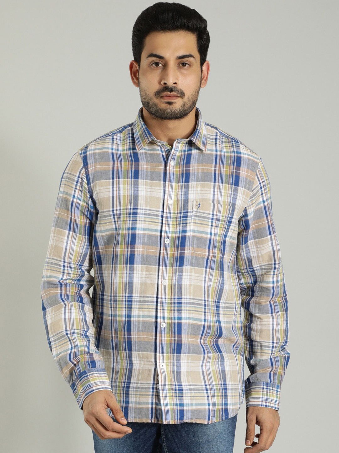 

Indian Terrain Tartan Checks Cotton Spread Collar Slim Fit Casual Shirt, Navy blue