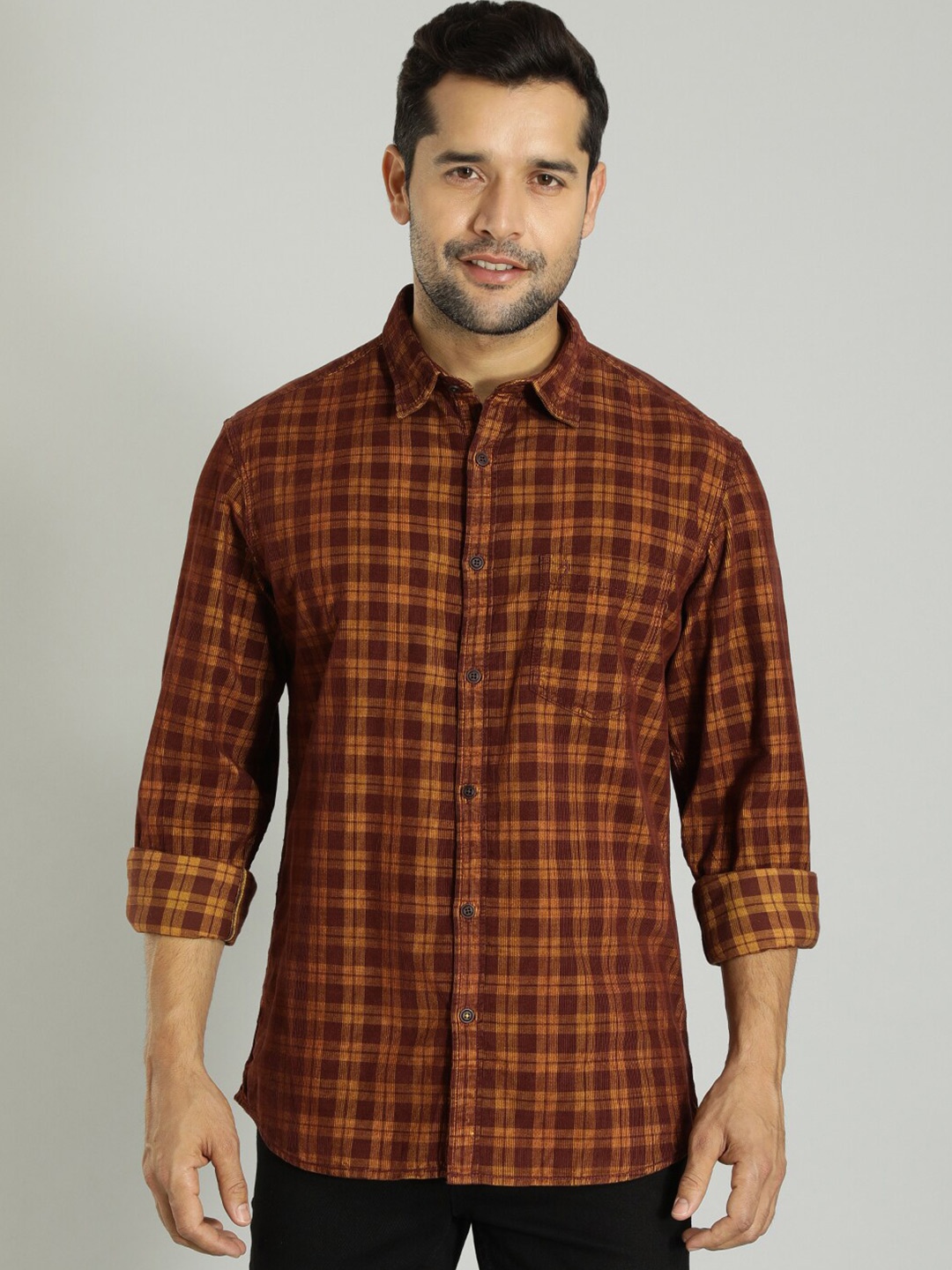 

Indian Terrain Slim Fit Tartan Checks Spread Collar Cotton Casual Shirt, Brown