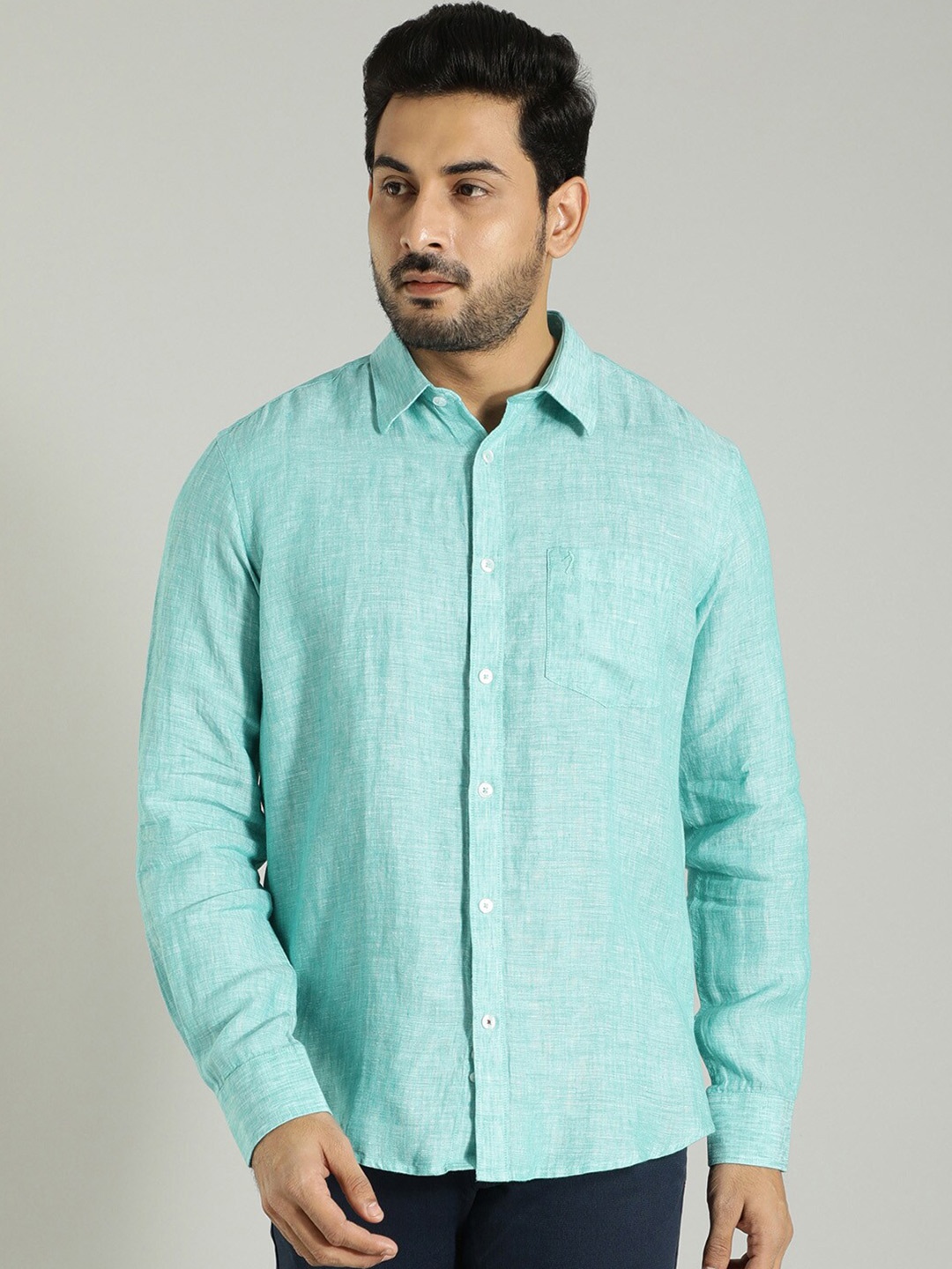 

Indian Terrain Spread Collar Linen Casual Shirt, Green