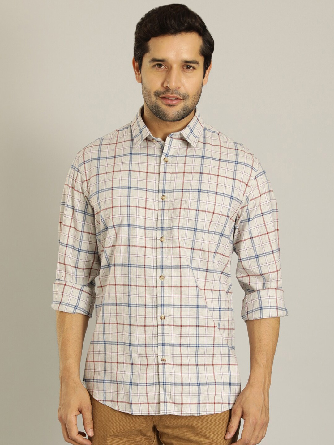 

Indian Terrain Slim Fit Tartan Checked Long Sleeves Cotton Casual Shirt, Beige