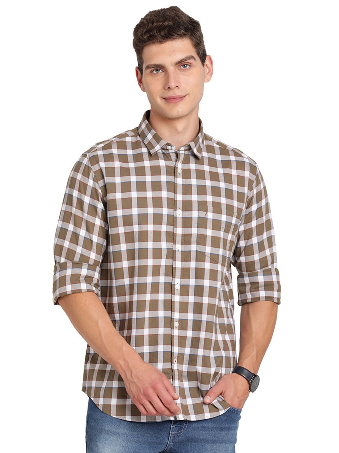 

Indian Terrain Slim Fit Checked Opaque Cotton Casual Shirt, Brown