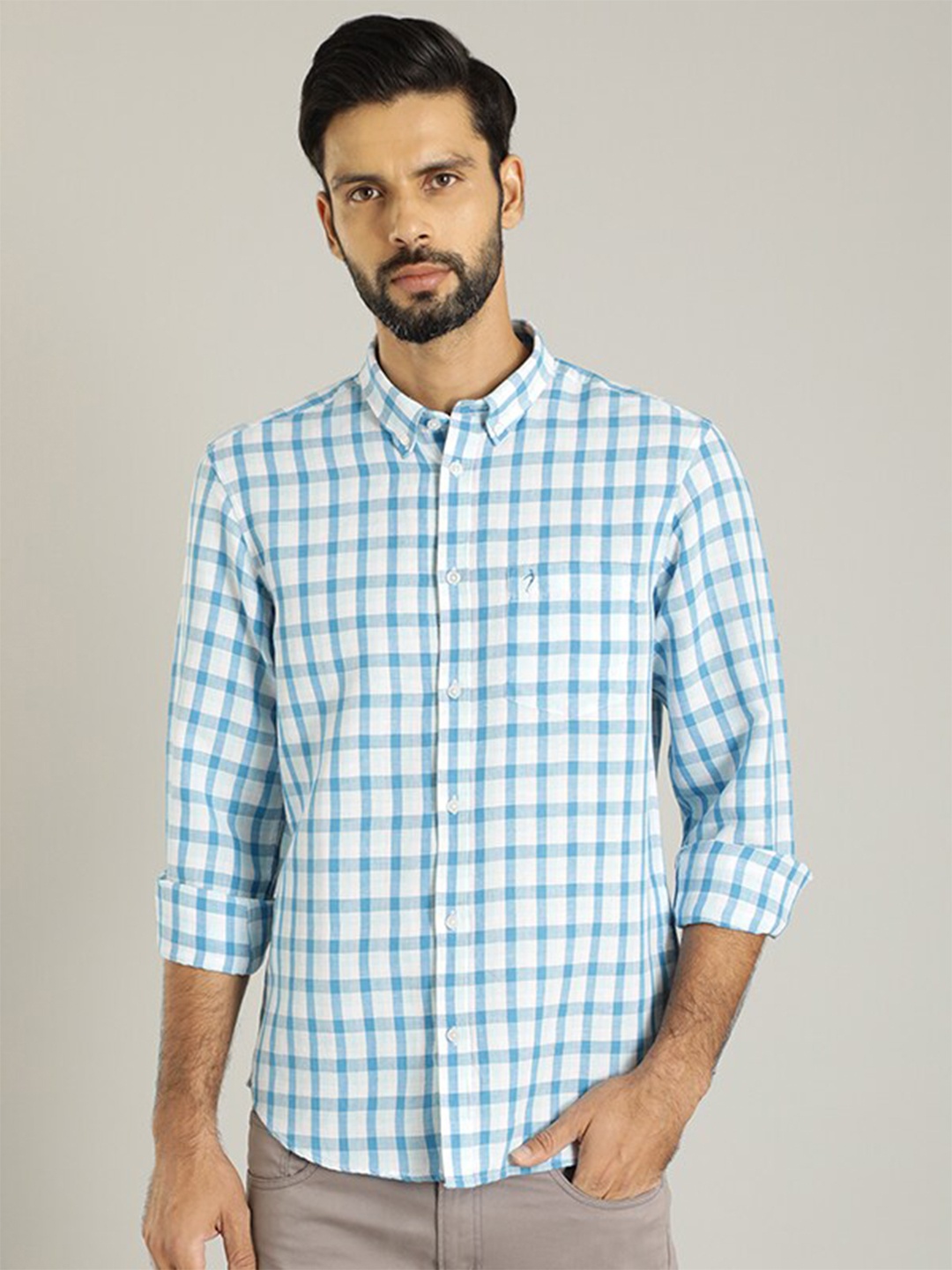 

Indian Terrain Checked Button-Down Collar Linen Cotton Slim Fit Casual Shirt, White
