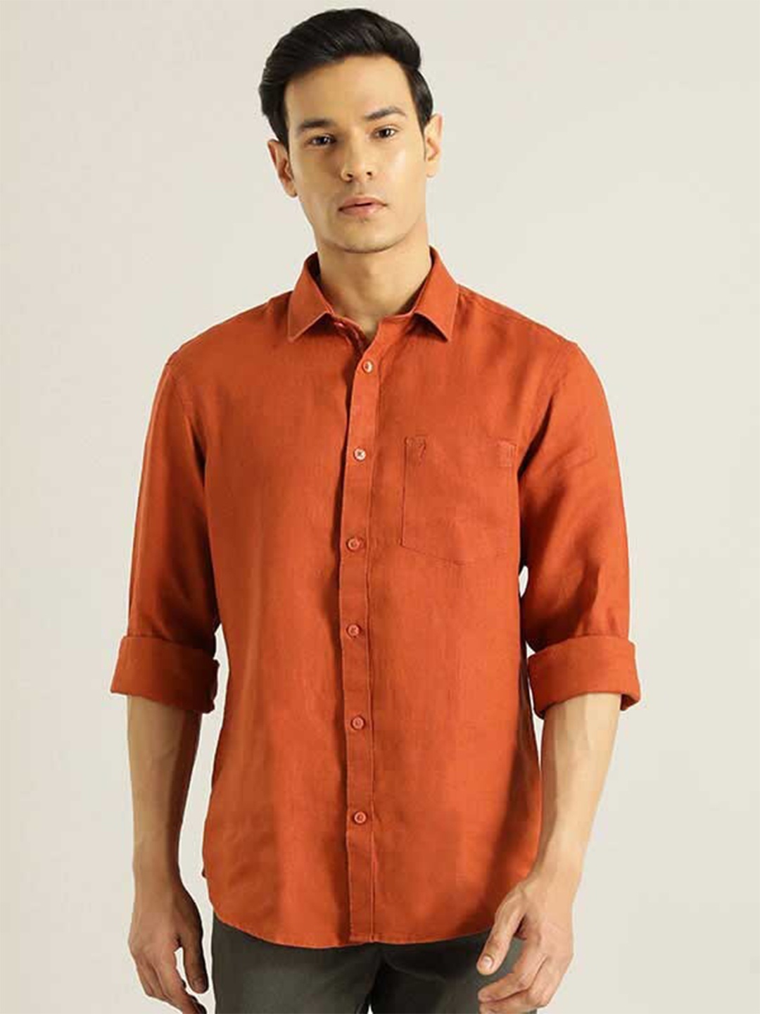 

Indian Terrain Spread Collar Pure Linen Casual Shirt, Red