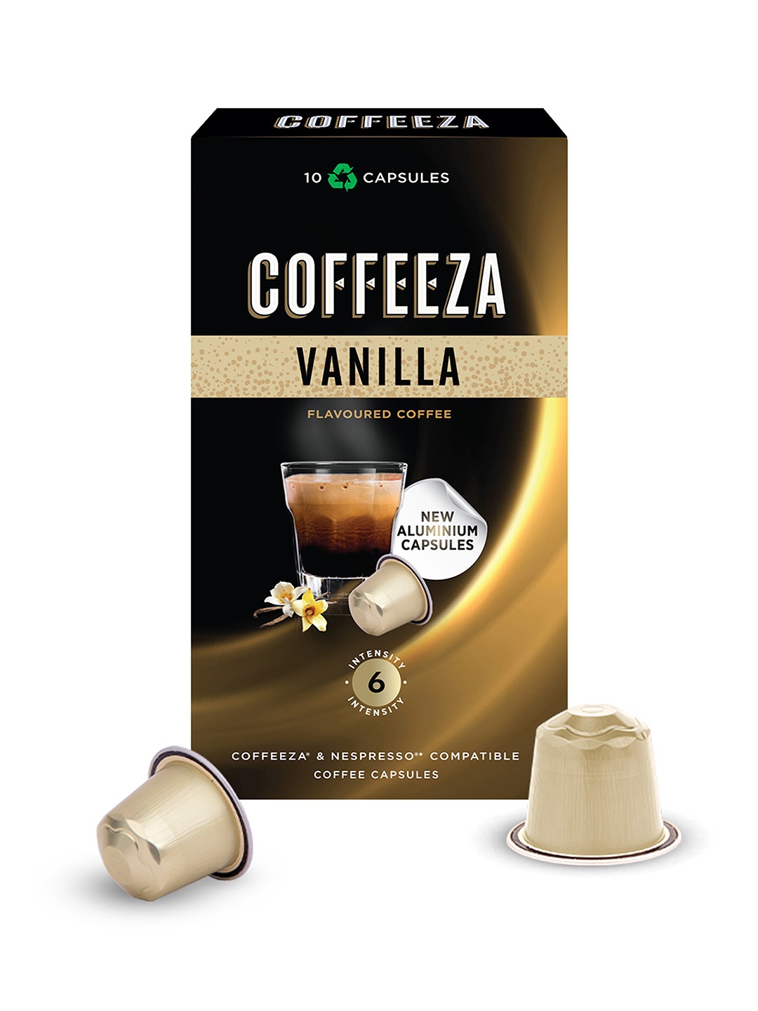 

Coffeeza Vanilla Flavoured Aluminium Coffee Capsules, Intensity - 6, Black