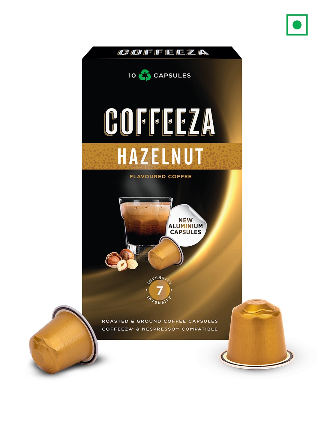 

Coffeeza Hazelnut Aluminium Intensity 7 Coffee Capsules 55 gm, Black
